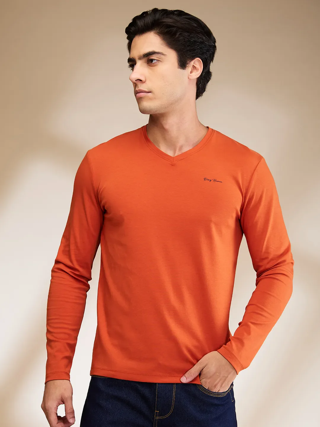 Orange Slim Straight Fit Men's Long Sleeves T-Shirt by Being Human Clothing