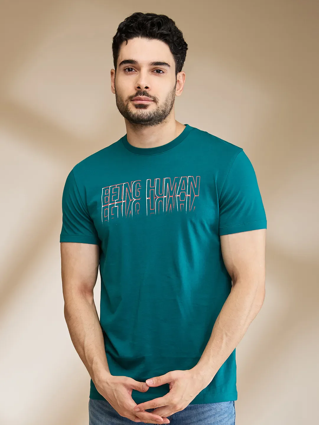 Teal Regular Fit Round Neck Men's T-Shirt by Being Human Clothing