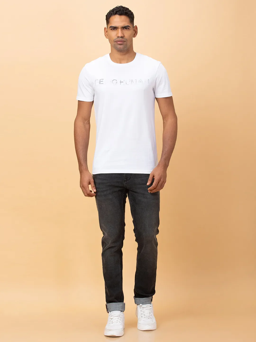 White Slim Fit Round Neck Men's T-Shirt by Being Human Clothing - Image 2