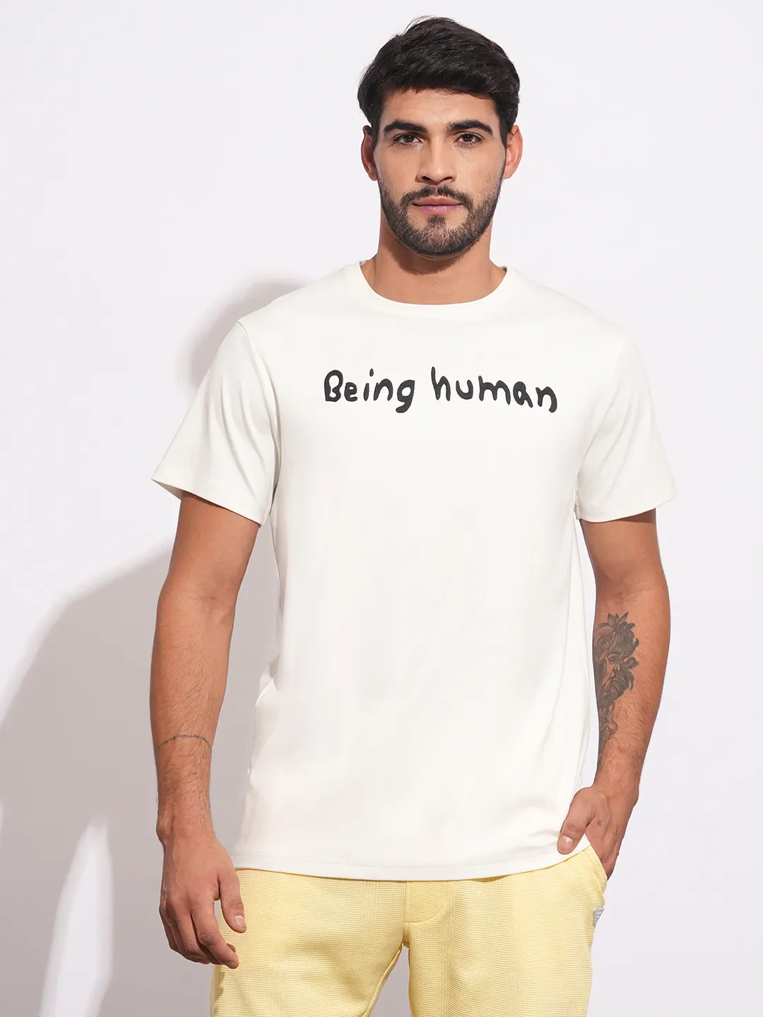 White Slim Fit Round Neck Men's T-Shirt by Being Human Clothing