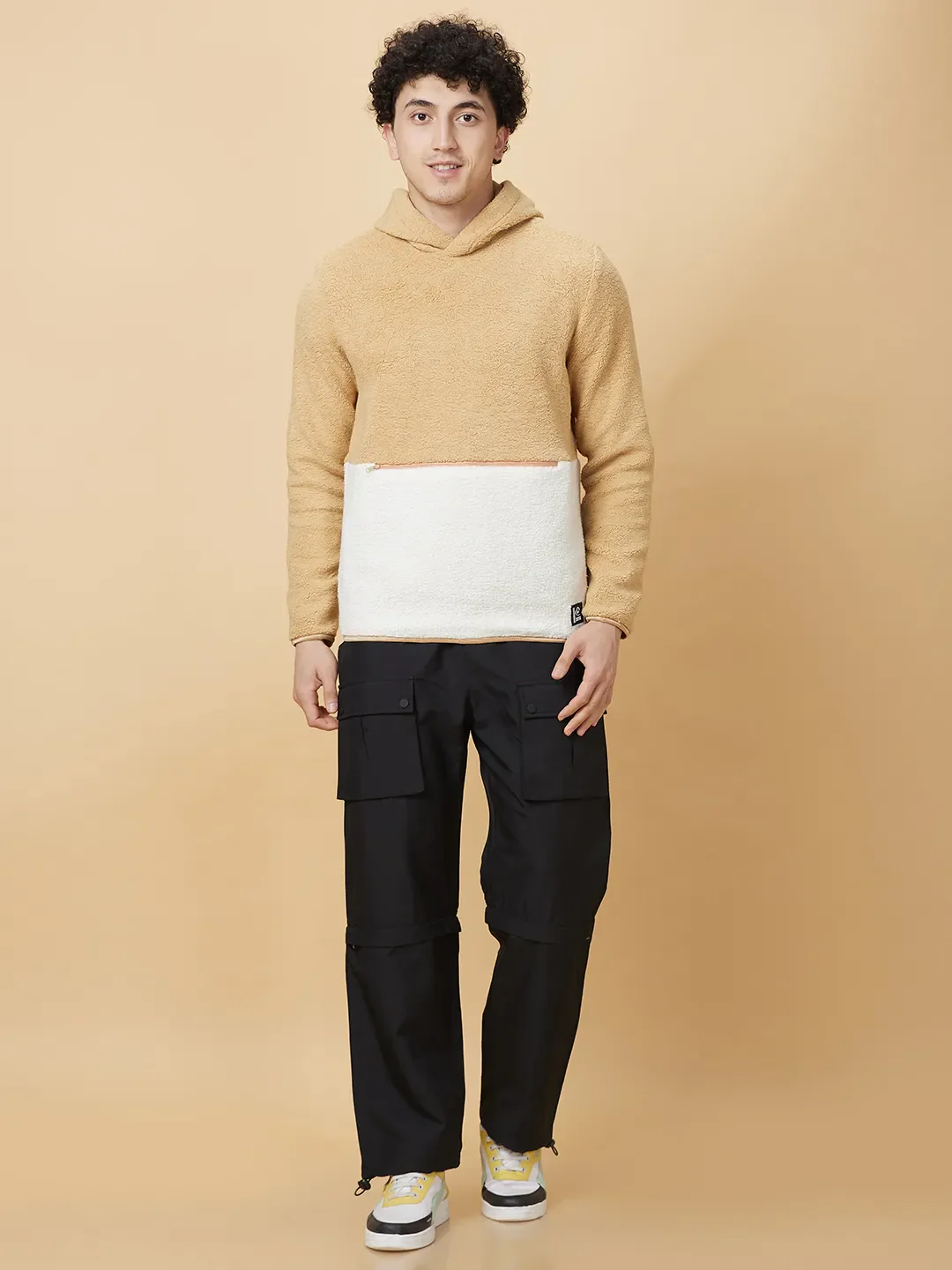 Beige Regular Fit High Neck Long Sleeves Men's Hoodie by Being Human Clothing - Image 2
