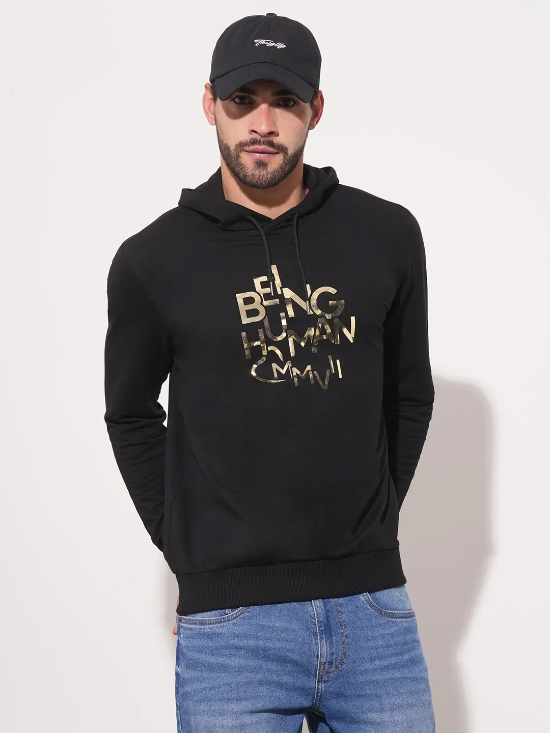 Black Regular Fit  Long Sleeves Men's Hoodie by Being Human Clothing - Image 6