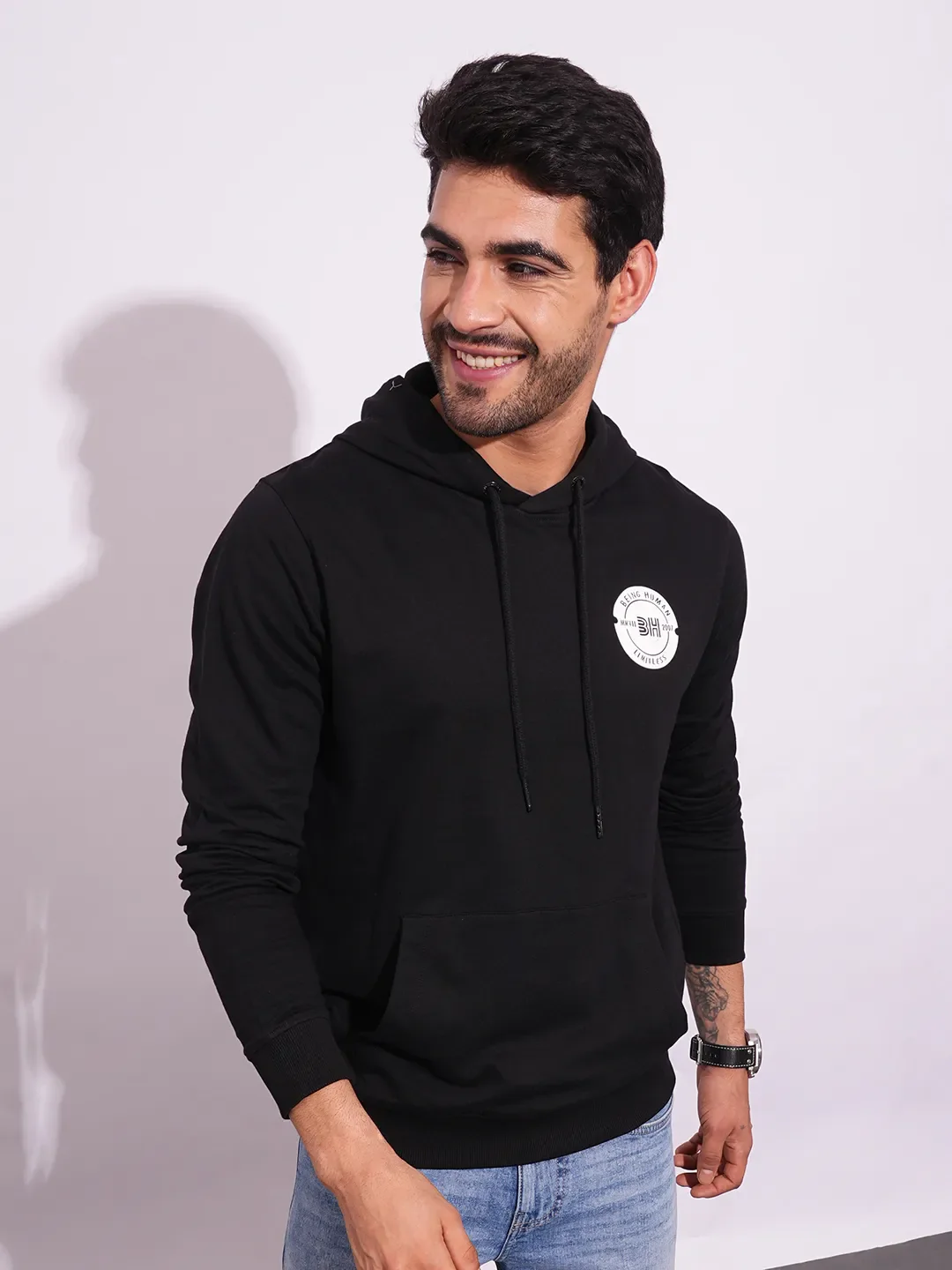 Black Regular Fit Long Sleeves Men's Hoodie by Being Human Clothing - Image 6