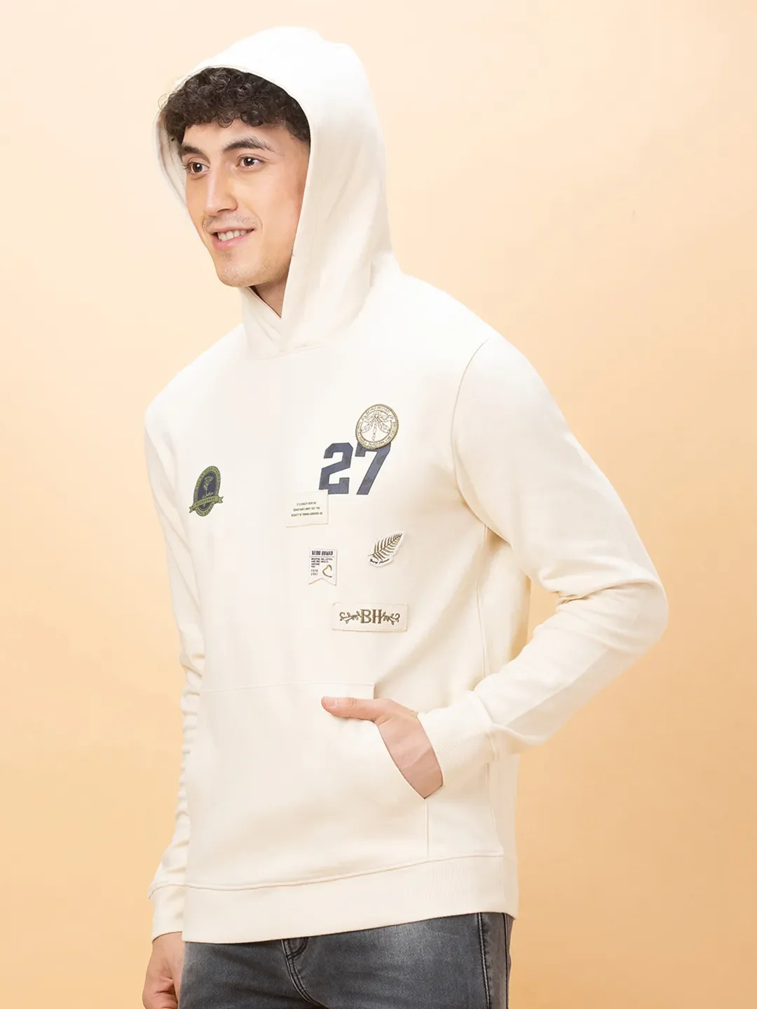 Off White Regular Fit Round Neck Men's Hoodie by Being Human Clothing - Image 4