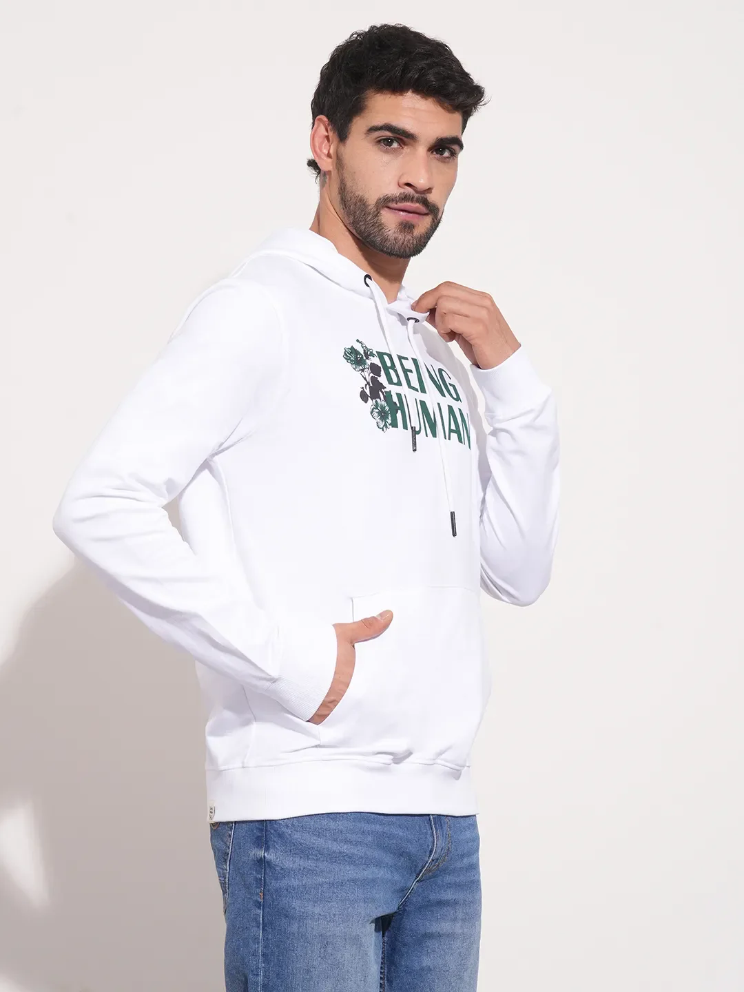 White Regular Fit  Long Sleeves Men's Hoodie by Being Human Clothing - Image 9