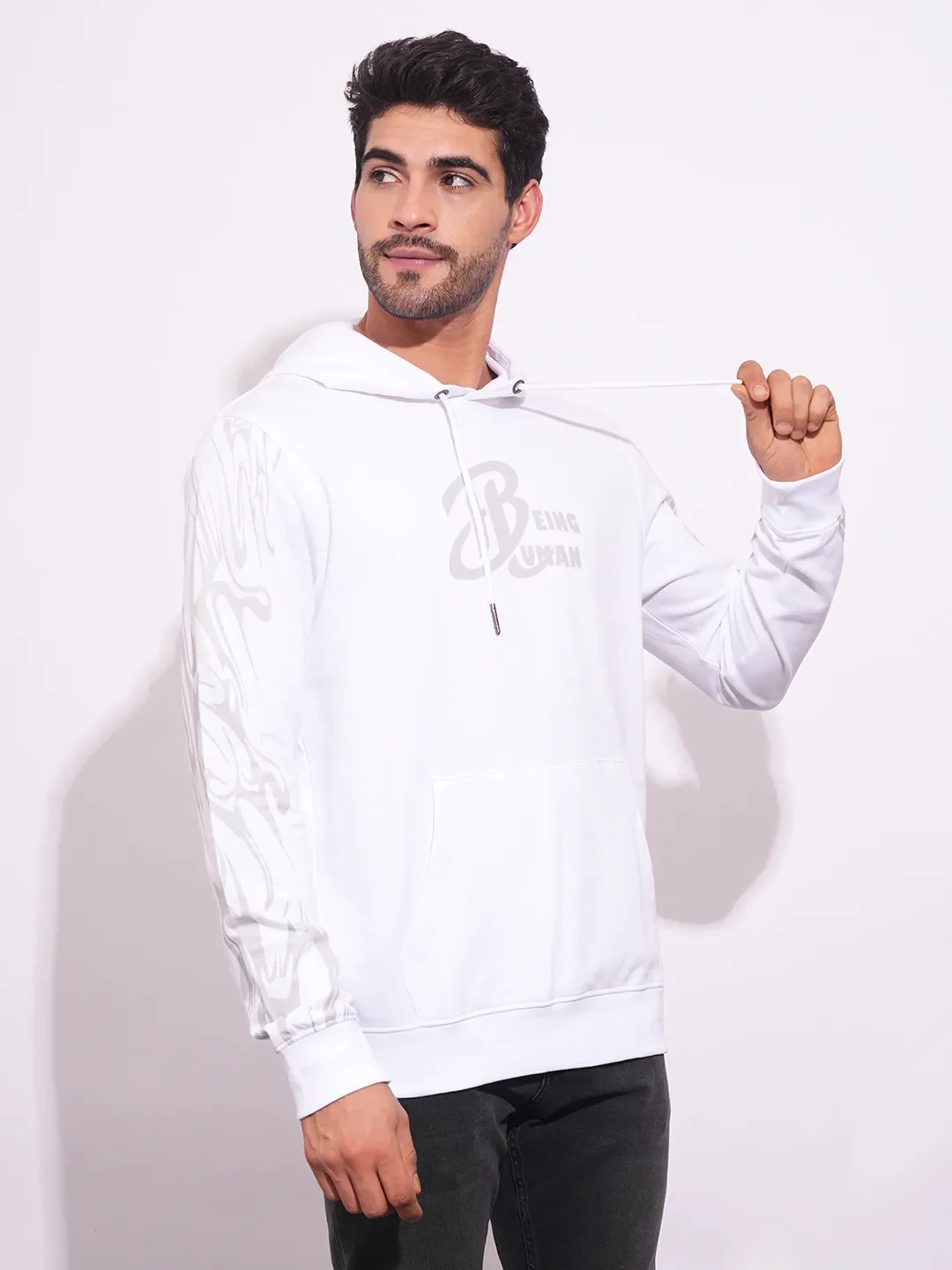 White Regular Fit  Long Sleeves Men's Hoodie by Being Human Clothing - Image 2
