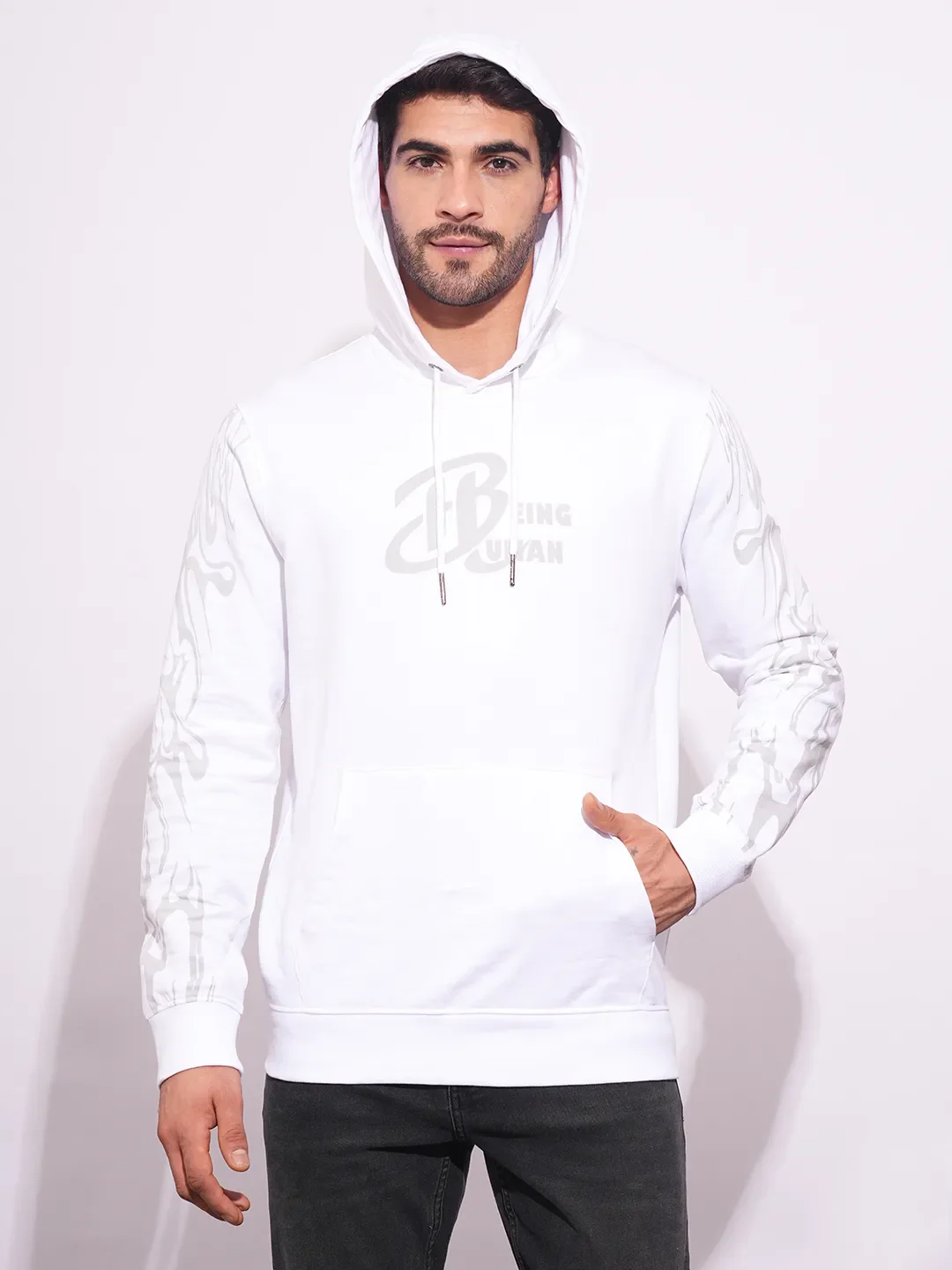 White Regular Fit  Long Sleeves Men's Hoodie by Being Human Clothing - Image 6