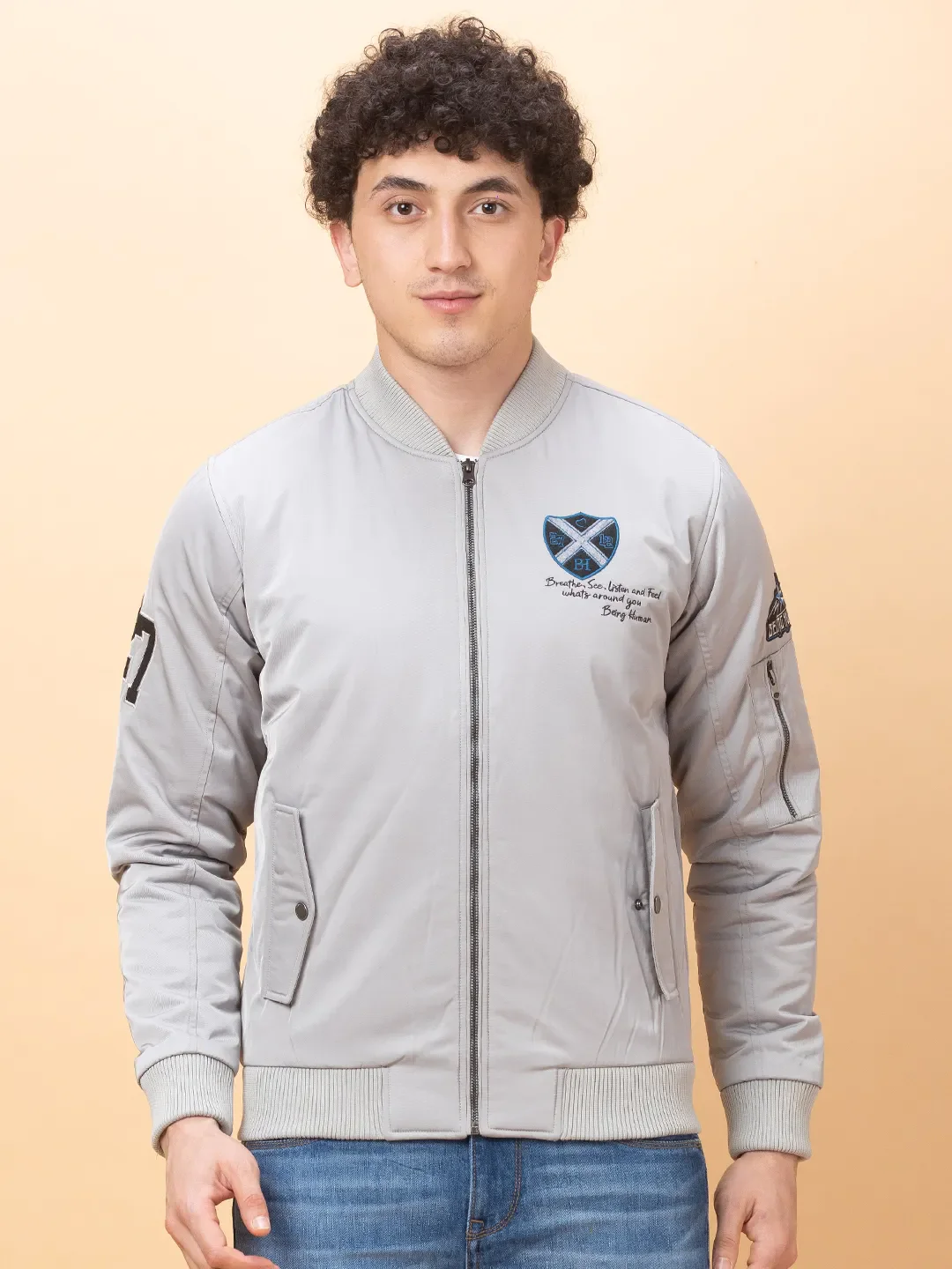 Light Grey Regular Fit Men's Jacket by Being Human Clothing