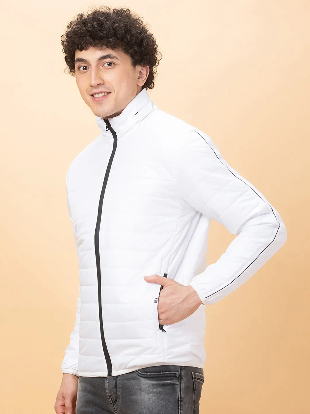 White Regular Fit Men's Jacket by Being Human Clothing - Image 4