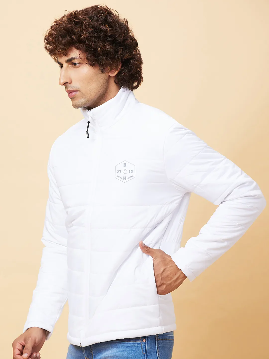 White Regular Fit Men's Jacket by Being Human Clothing - Image 4
