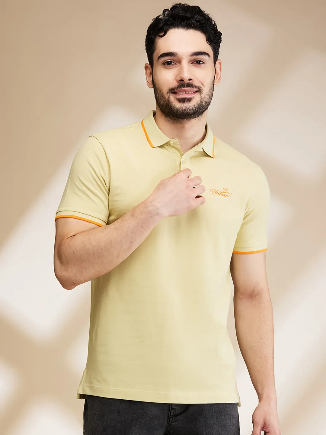 Beige Regular Fit Men's Polo T-Shirt by Being Human Clothing