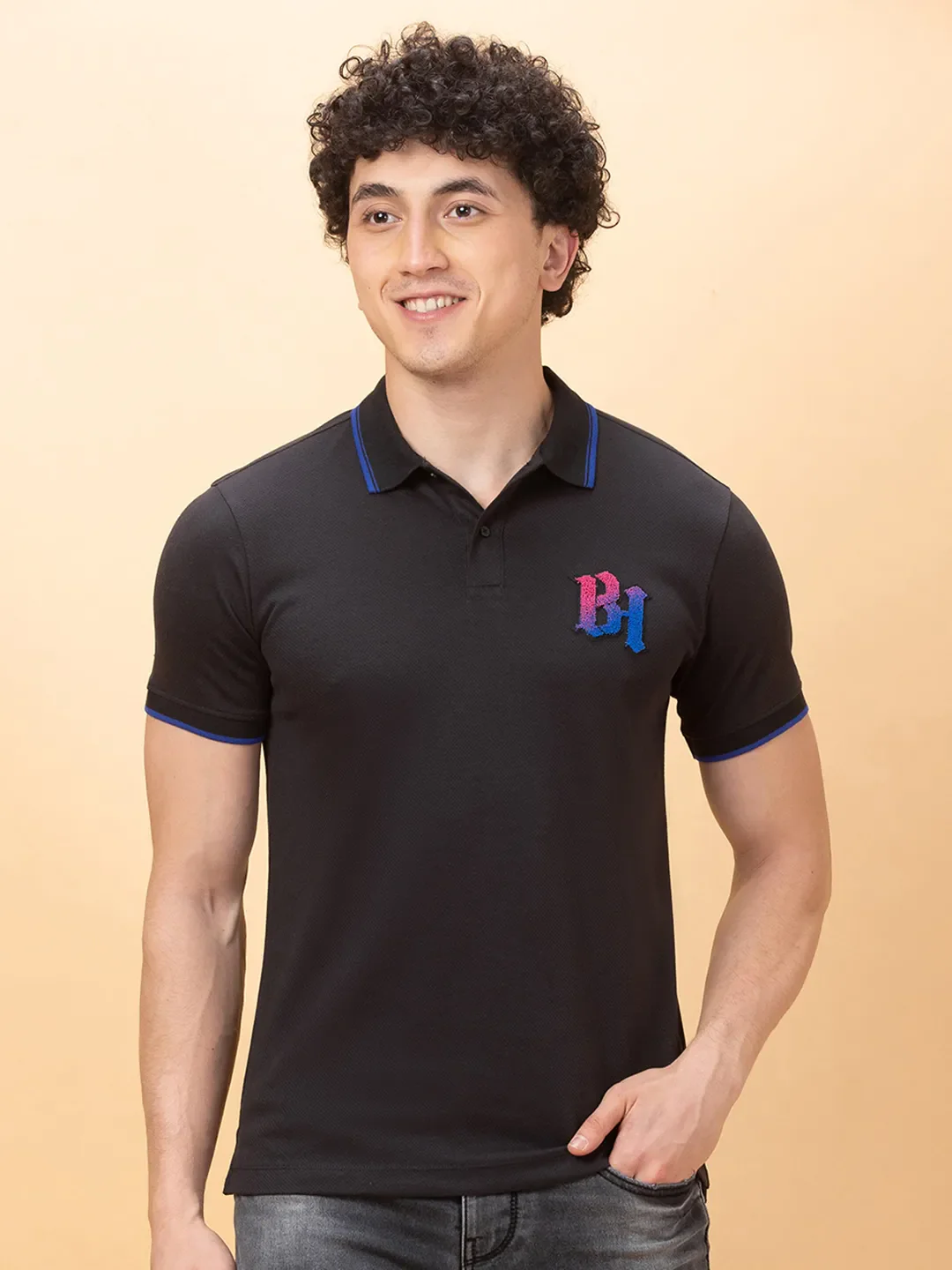 Black Regular Fit Men's Polo T-shirt by Being Human Clothing