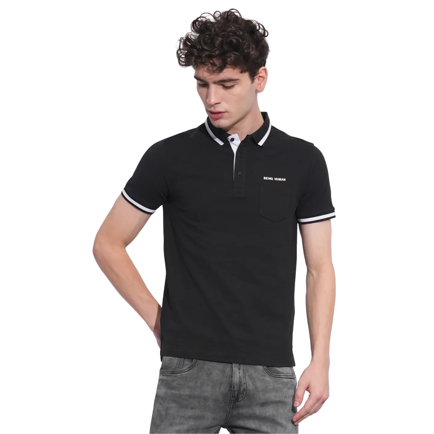 Black Regular Fit Men's Polo T-Shirt by Being Human Clothing