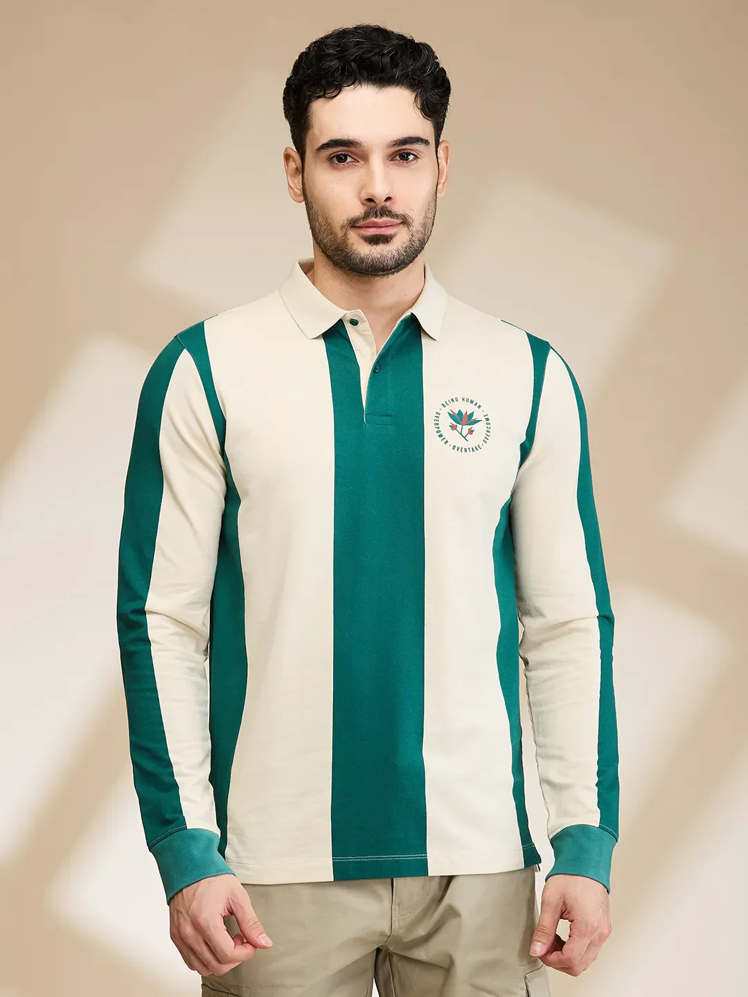 White Regular Fit Men's Long Sleeves Polo T-Shirt by Being Human Clothing
