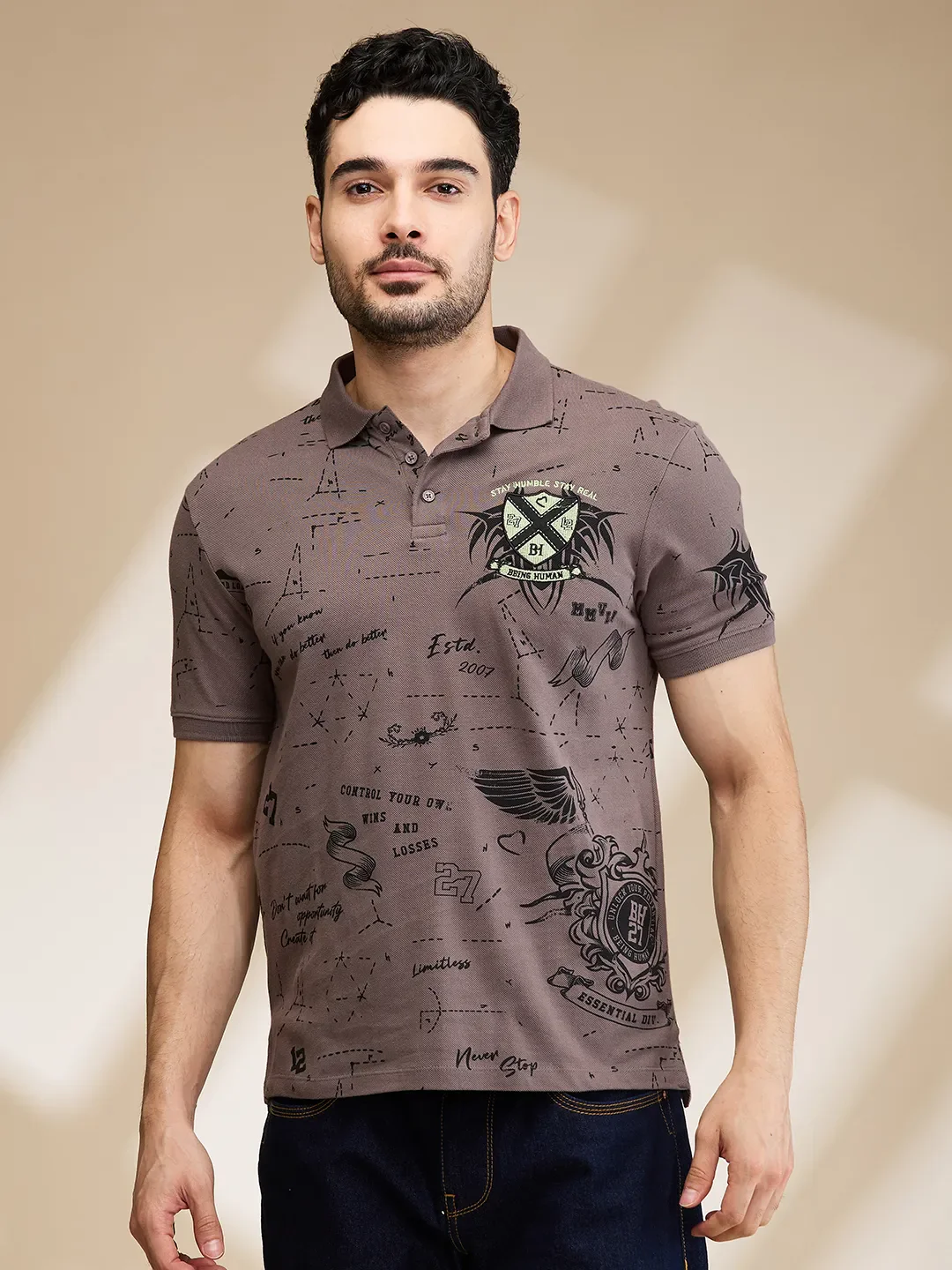 Grey Regular Fit Men's Polo T-Shirt by Being Human Clothing