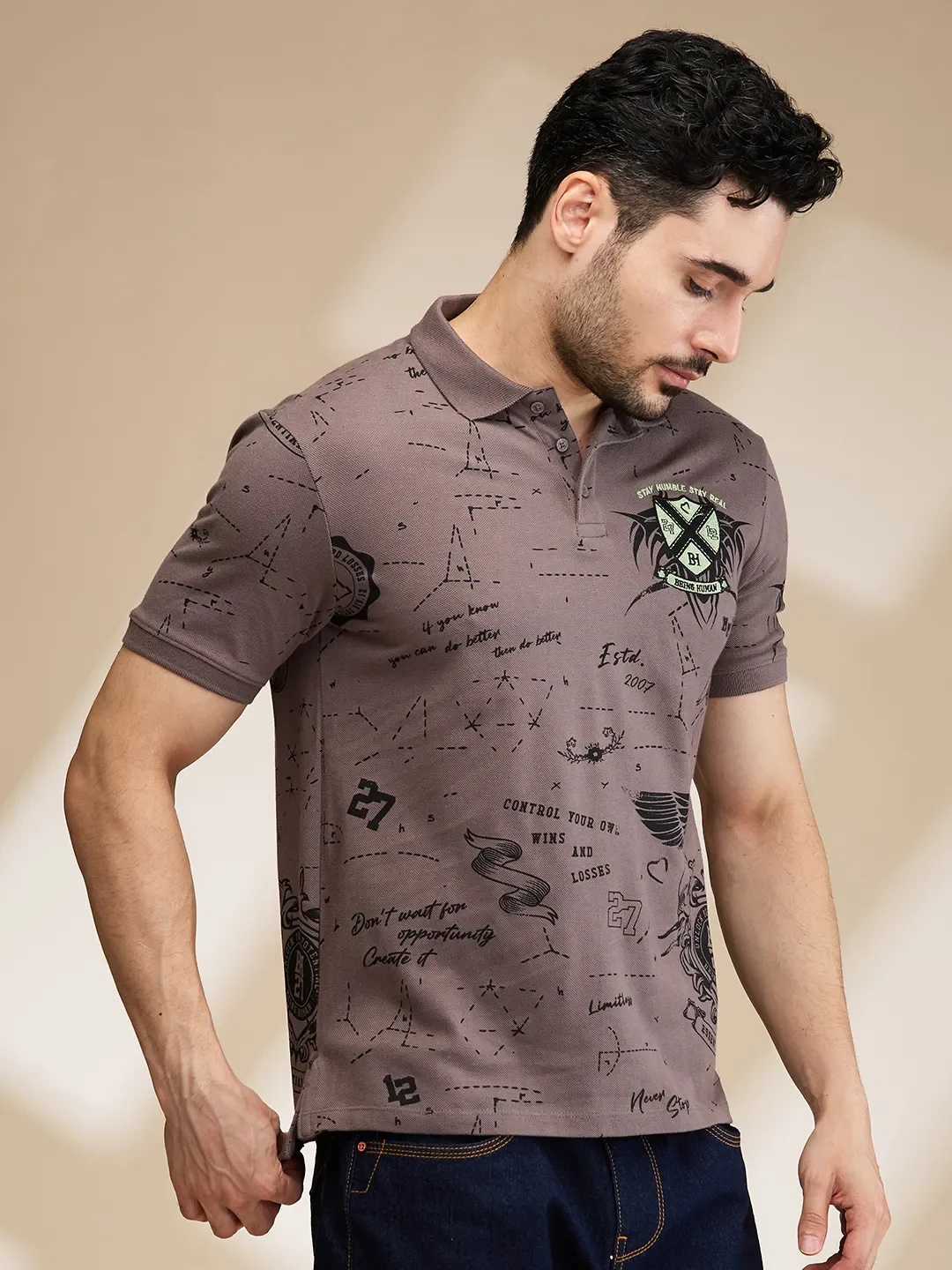 Grey Regular Fit Men's Polo T-Shirt by Being Human Clothing - Image 4