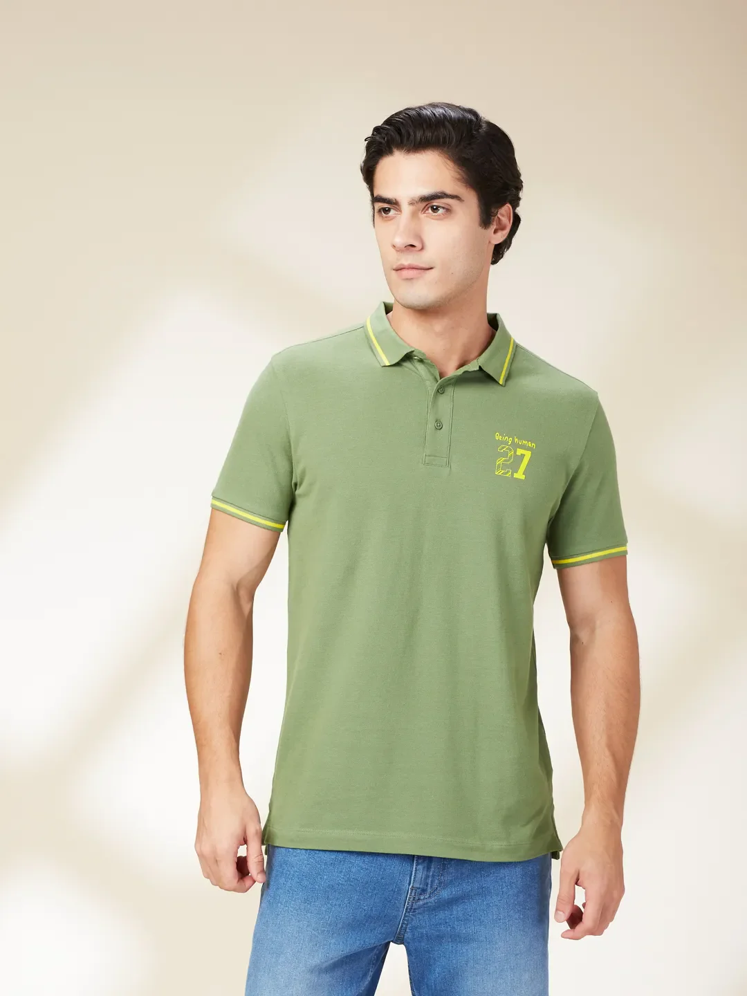 Dark Green Regular Fit Men's Polo T-Shirt by Being Human Clothing