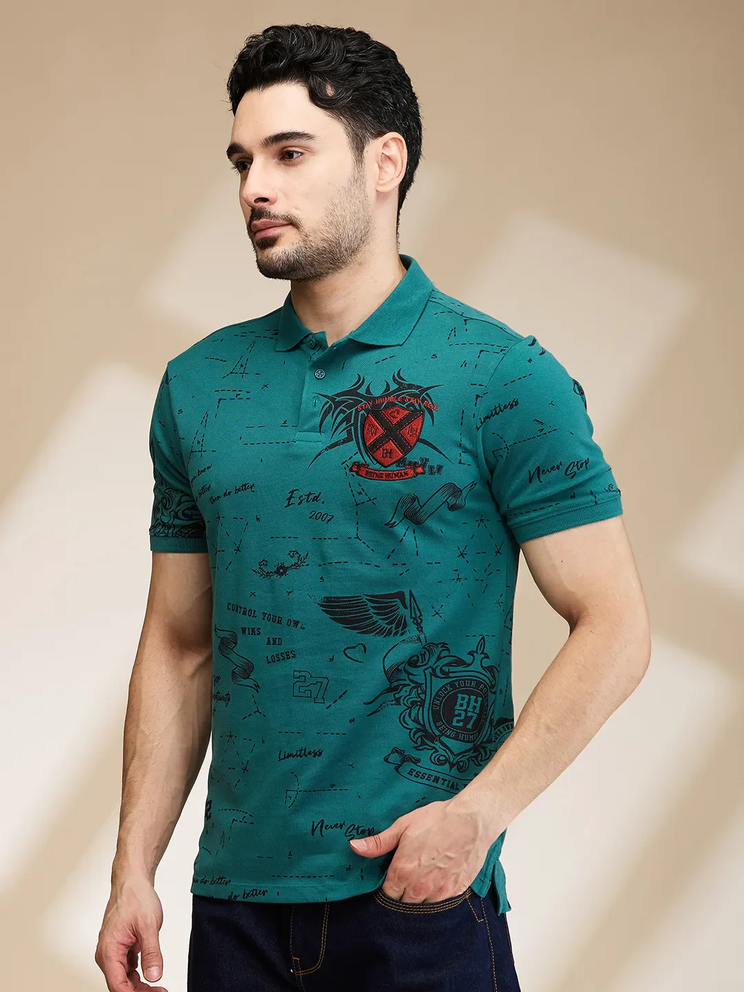 Green Regular Fit Men's Polo T-Shirt by Being Human Clothing - Image 4