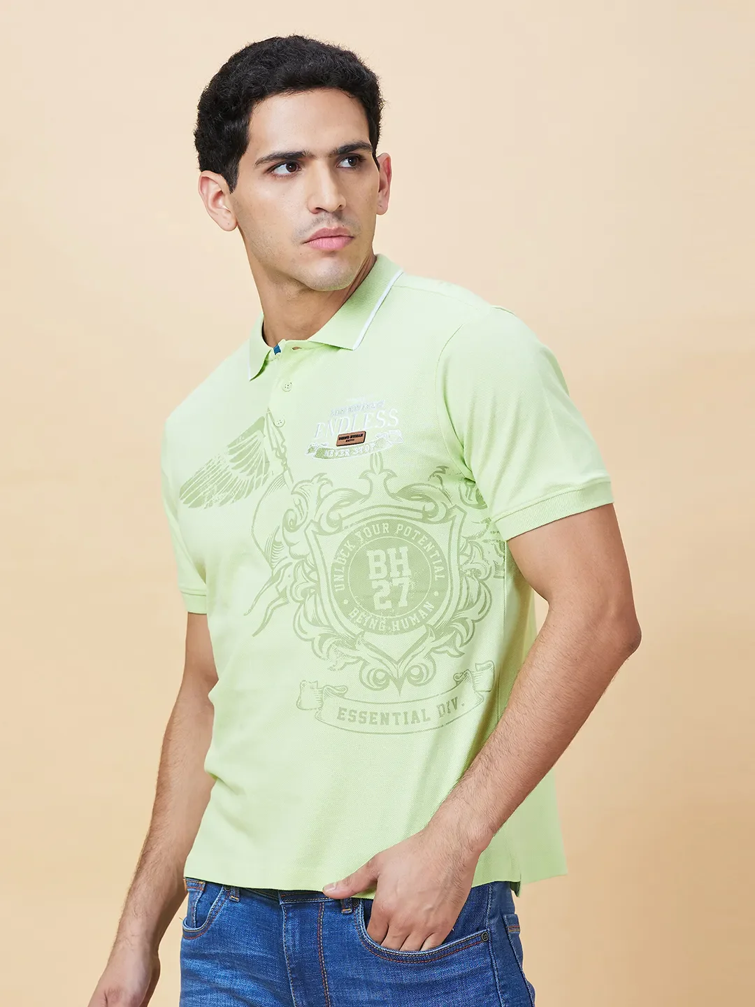 Light Green Regular Fit Men's Polo T-shirt by Being Human Clothing - Image 4