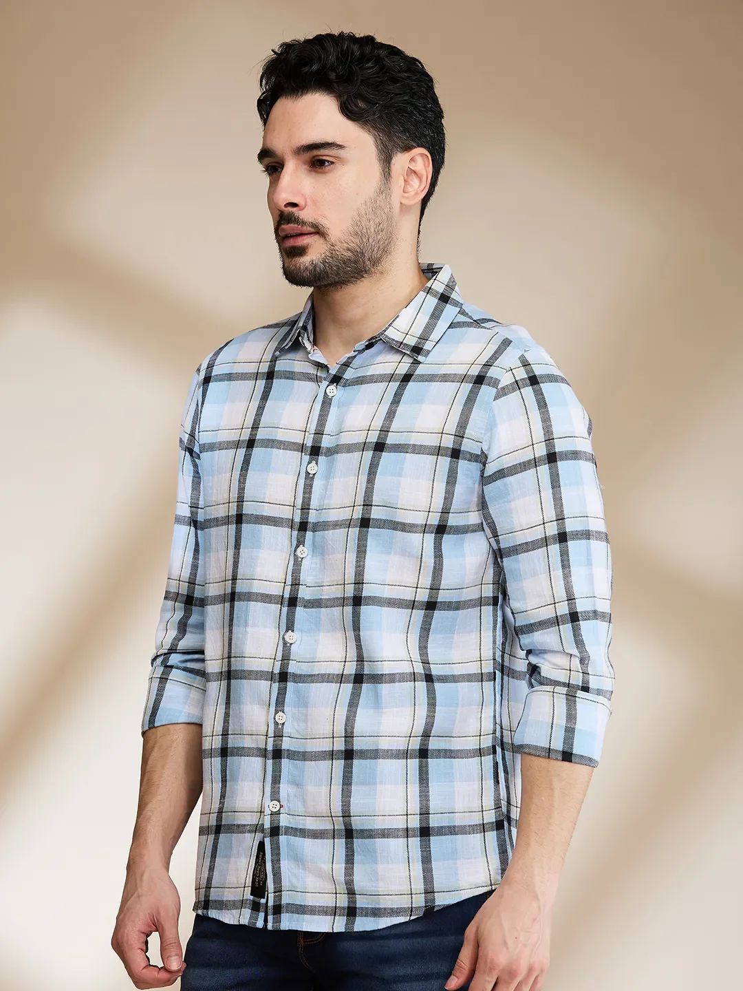 Blue Slim Straight Fit Regular Collar Long Sleeves Men's Shirt by Being Human Clothing - Image 4