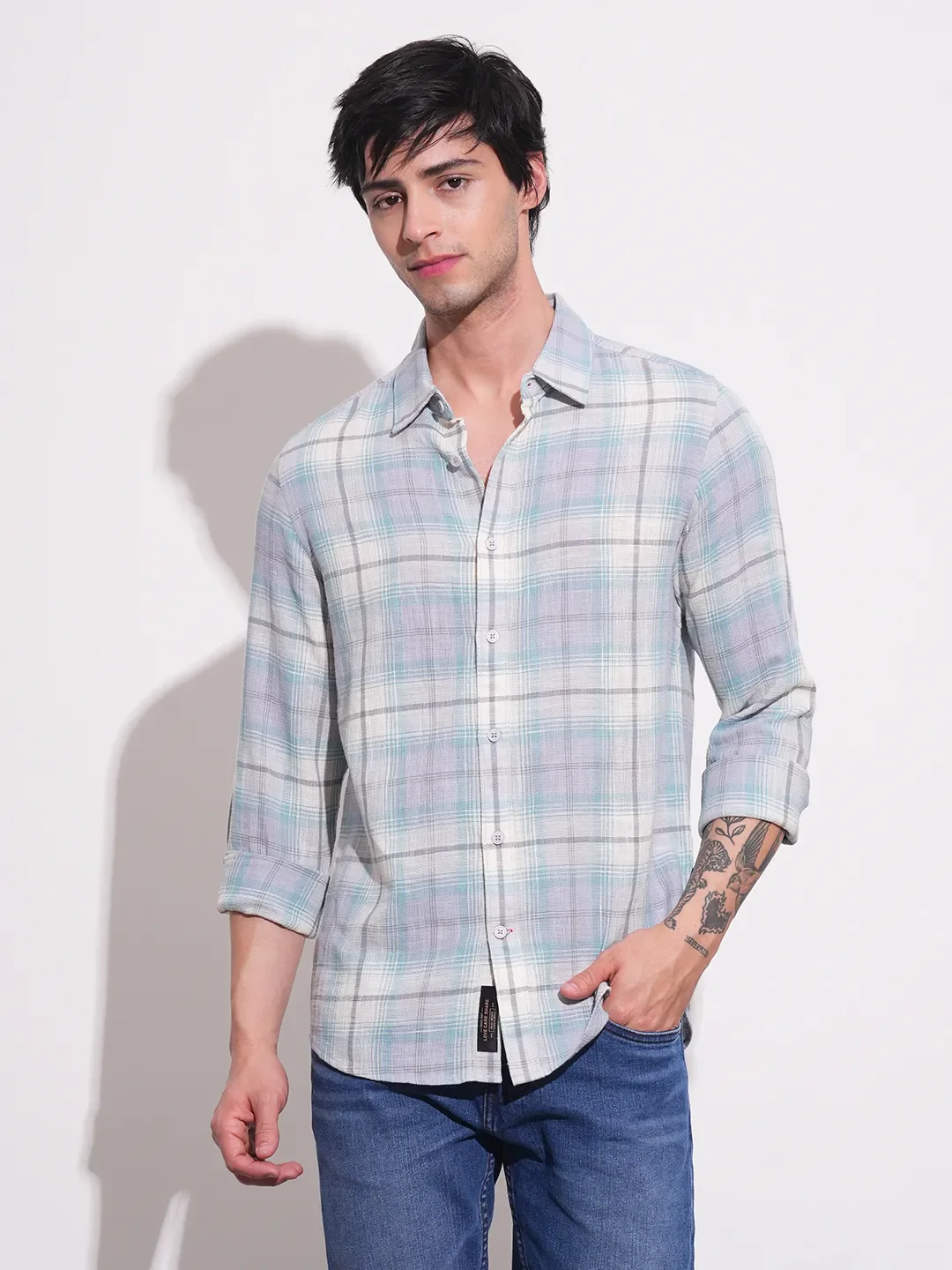 Blue Slim Straight Fit Regular Collar Long Sleeves Men's Shirt by Being Human Clothing