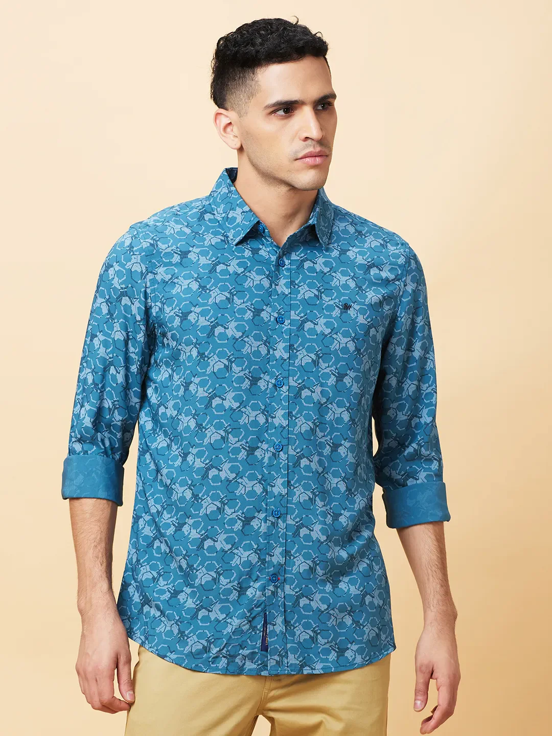 Blue Slim Fit Regular Collar Men's Shirt by Being Human Clothing