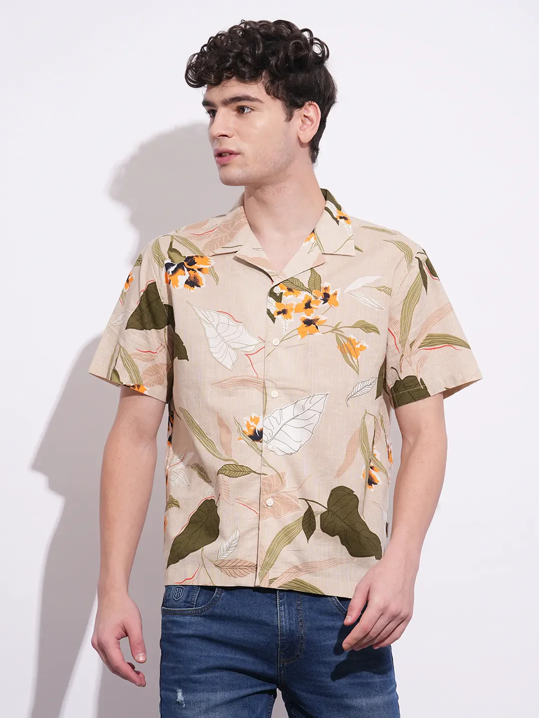 Beige Moderno Fit Regular Collar Short Sleeves Men's Shirt by Being Human Clothing