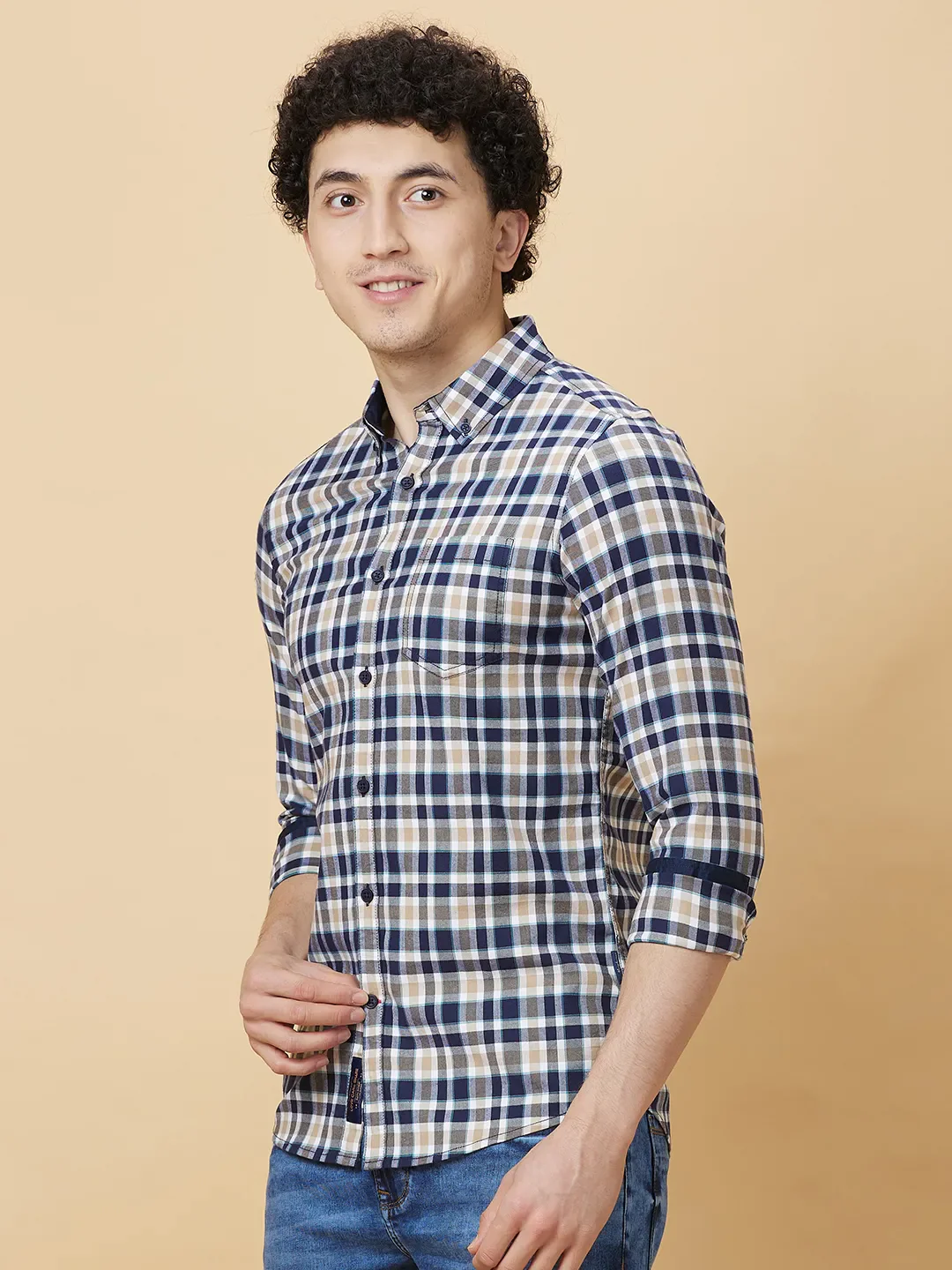 Beige Slim Fit Regular Collar Men's Shirt by Being Human Clothing - Image 4