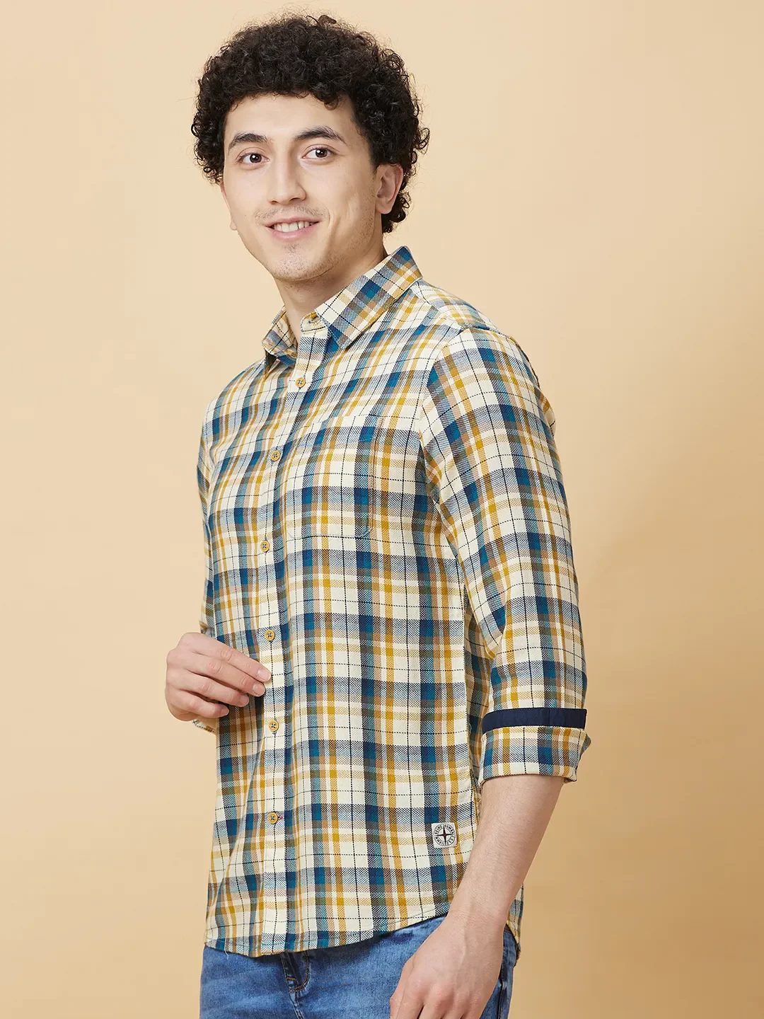 Beige Slim Fit Regular Collar Men's Shirt by Being Human Clothing - Image 4
