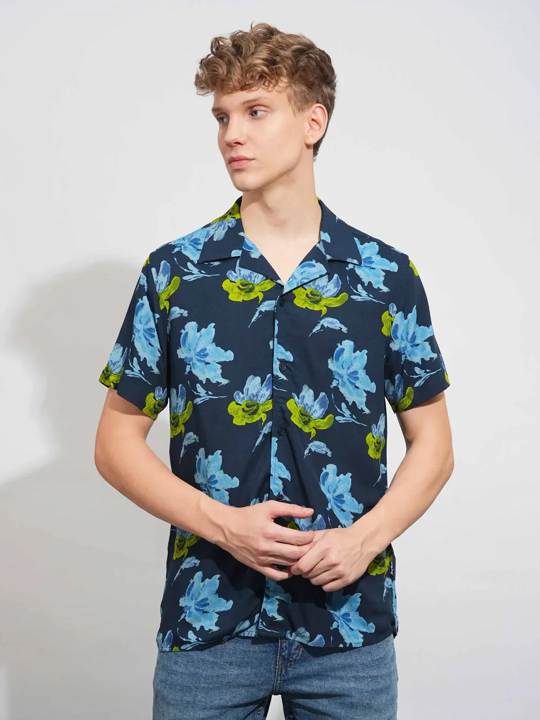 Blue Slim Fit Resort Collar Men's Shirt by Being Human Clothing