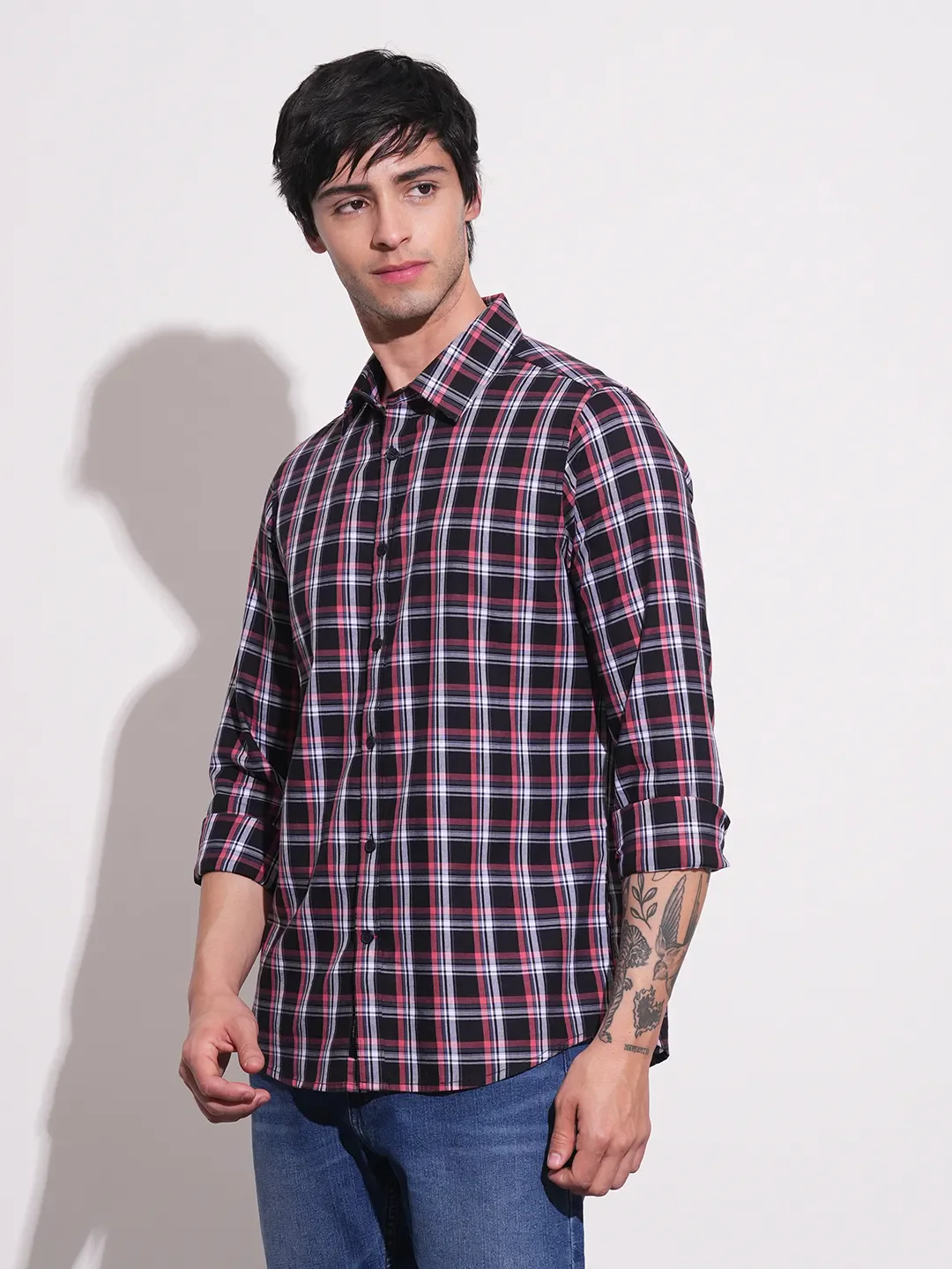 Black Slim Straight Fit Regular Collar Long Sleeves Men's Shirt by Being Human Clothing - Image 2