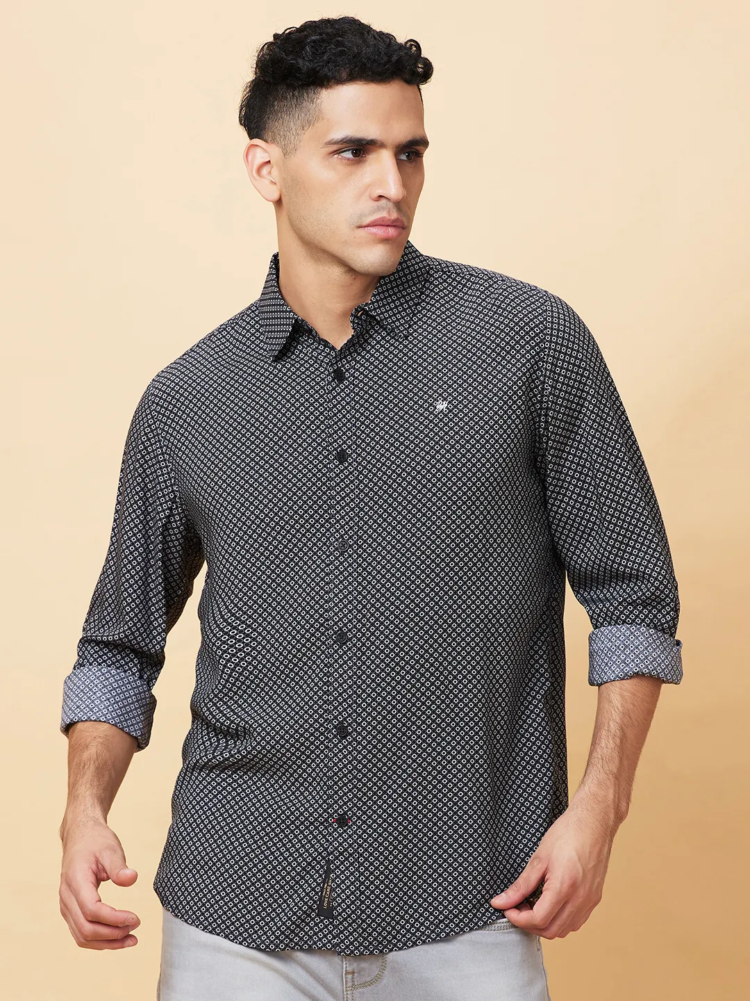 Black Slim Fit Regular Collar Men's Shirt by Being Human Clothing
