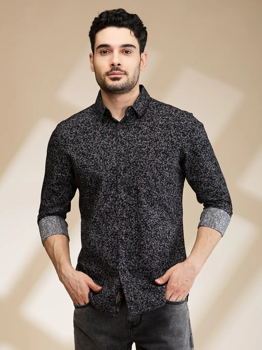 Black Slim Fit Regular Collar Men's Shirt by Being Human Clothing