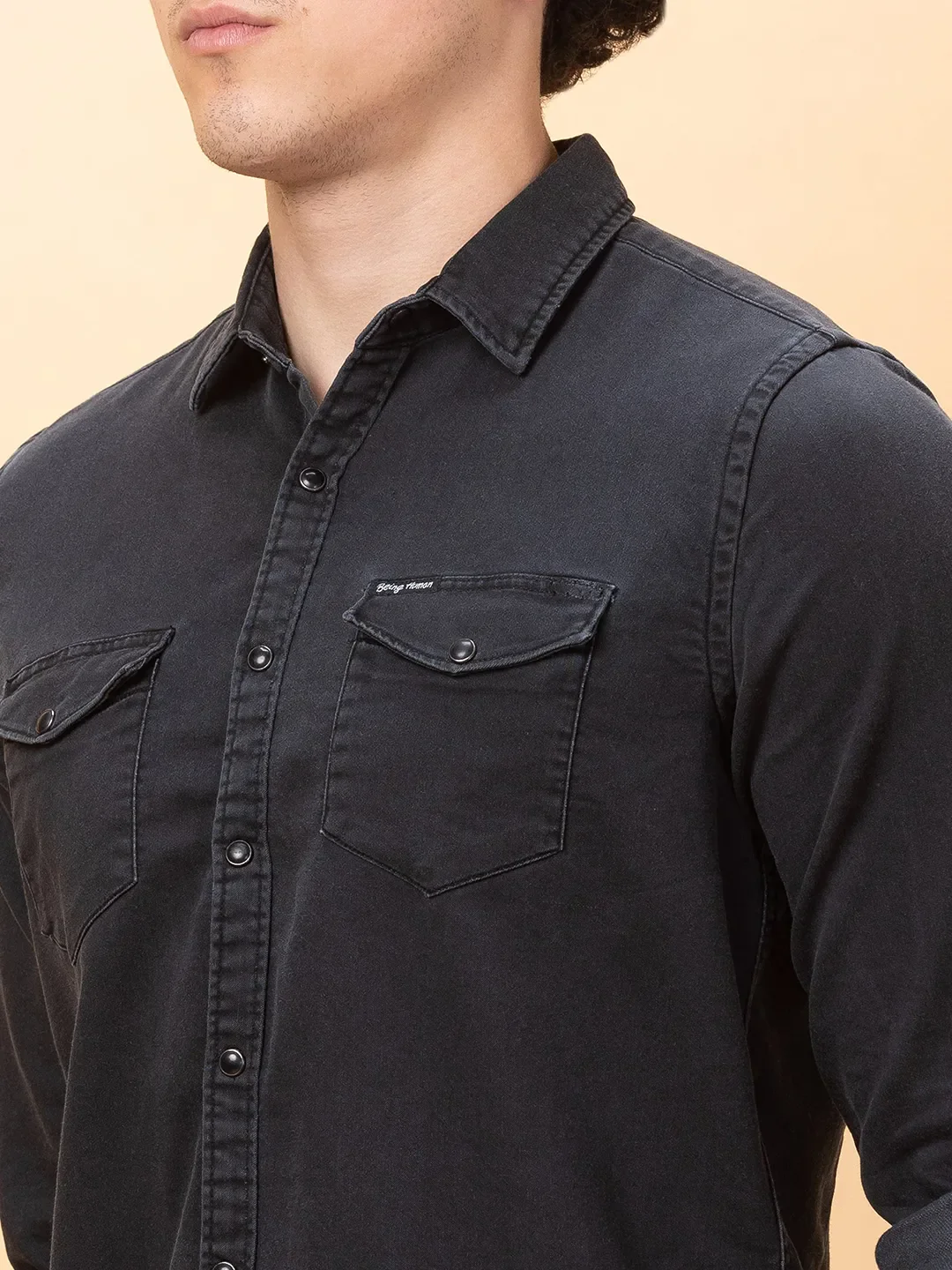 Black Slim Fit Regular Collar Men's Shirt by Being Human Clothing - Image 5