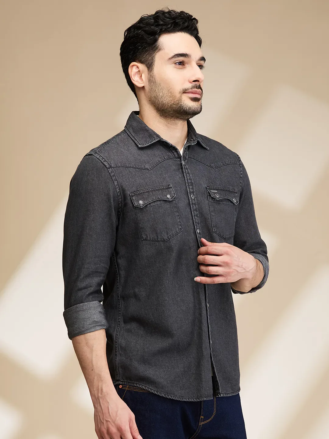Black Slim Fit Regular Collar Men's Shirt by Being Human Clothing - Image 4