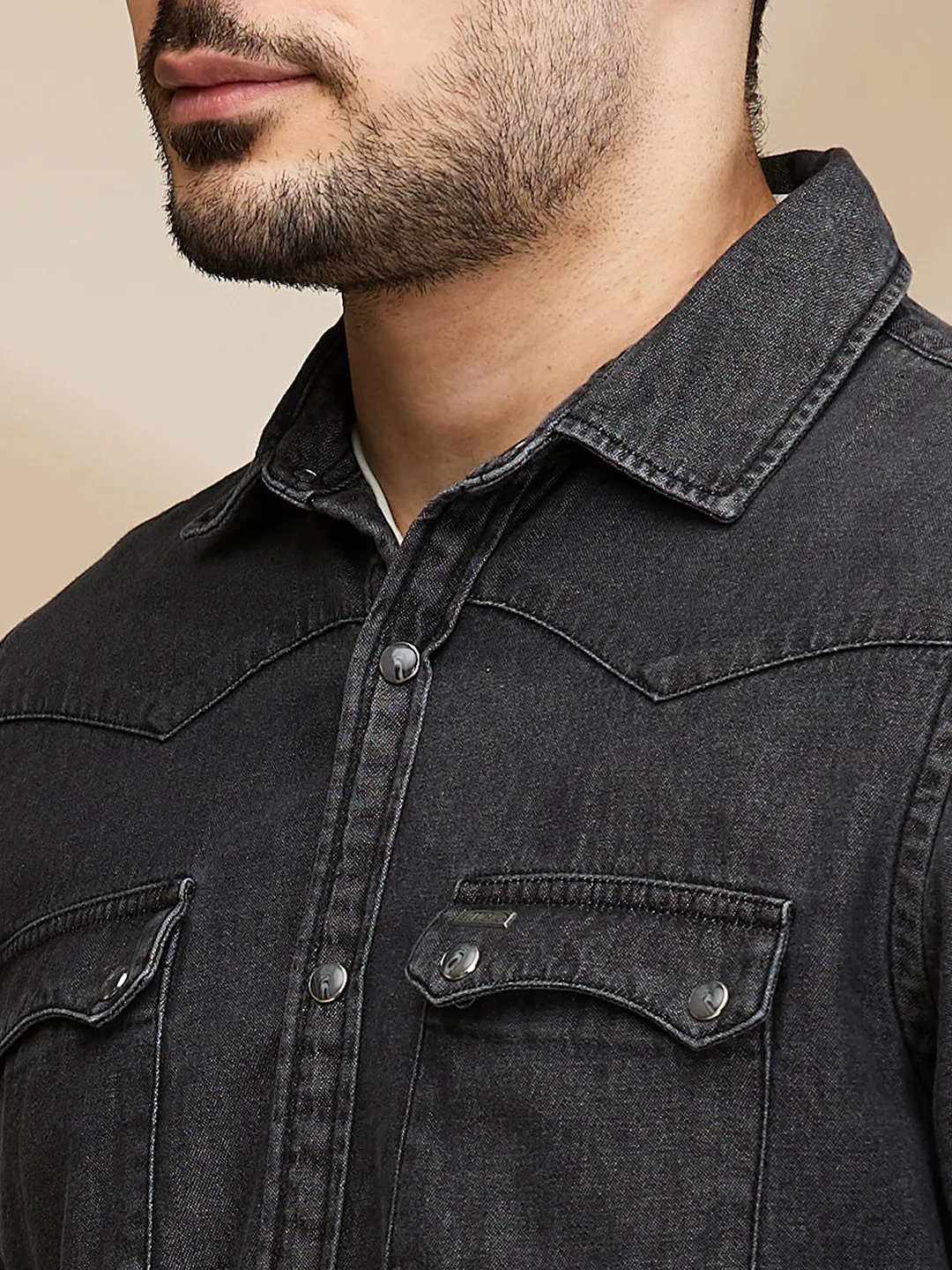 Black Slim Fit Regular Collar Men's Shirt by Being Human Clothing - Image 5