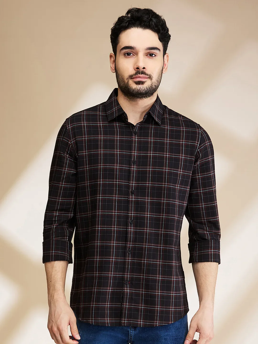 Black Slim Fit Regular Collar Men's Shirt by Being Human Clothing
