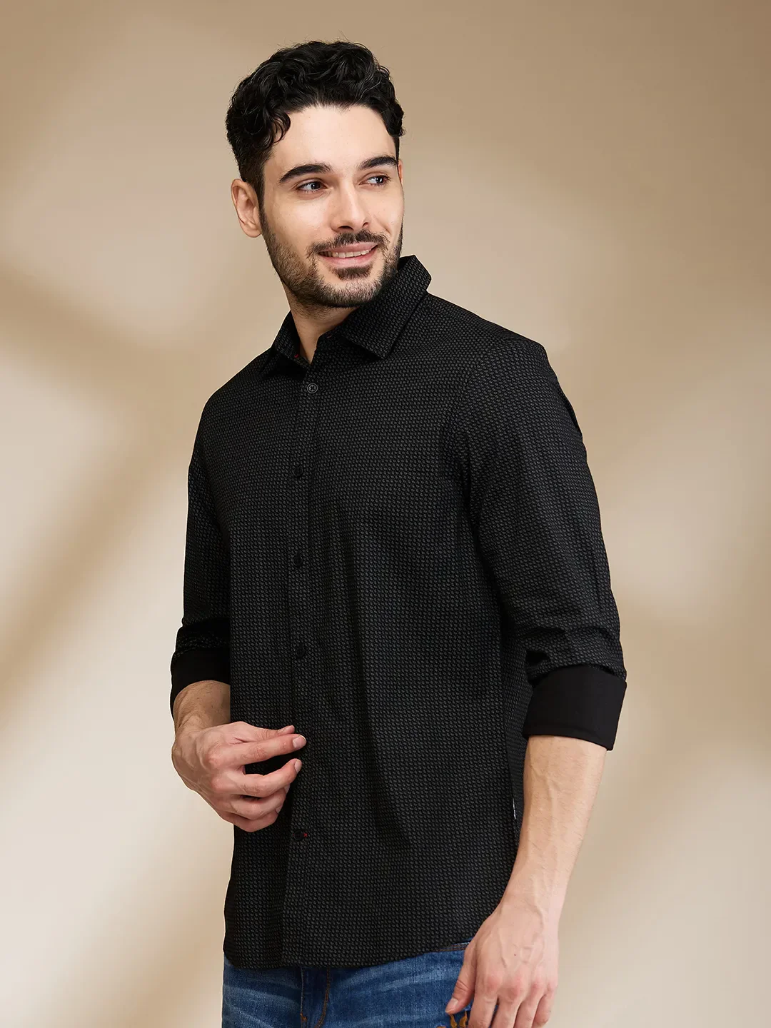 Black Slim Straight Fit Regular Collar Long Sleeves Men's Shirt by Being Human Clothing - Image 4