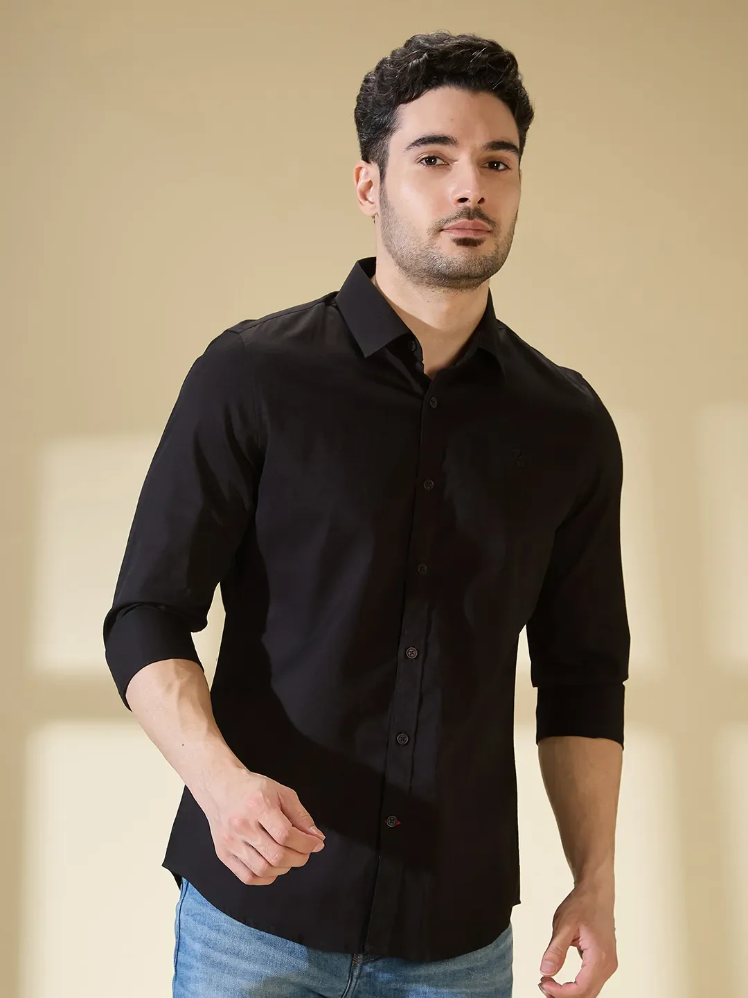 Black Slim Straight Fit Regular Collar Long Sleeves Men's Shirt by Being Human Clothing
