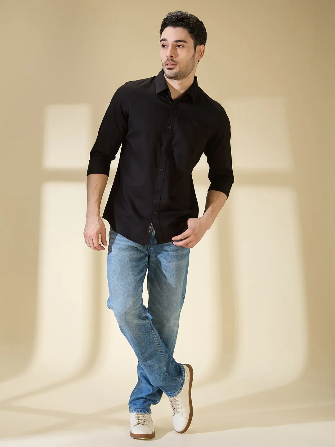 Black Slim Straight Fit Regular Collar Long Sleeves Men's Shirt by Being Human Clothing - Image 2