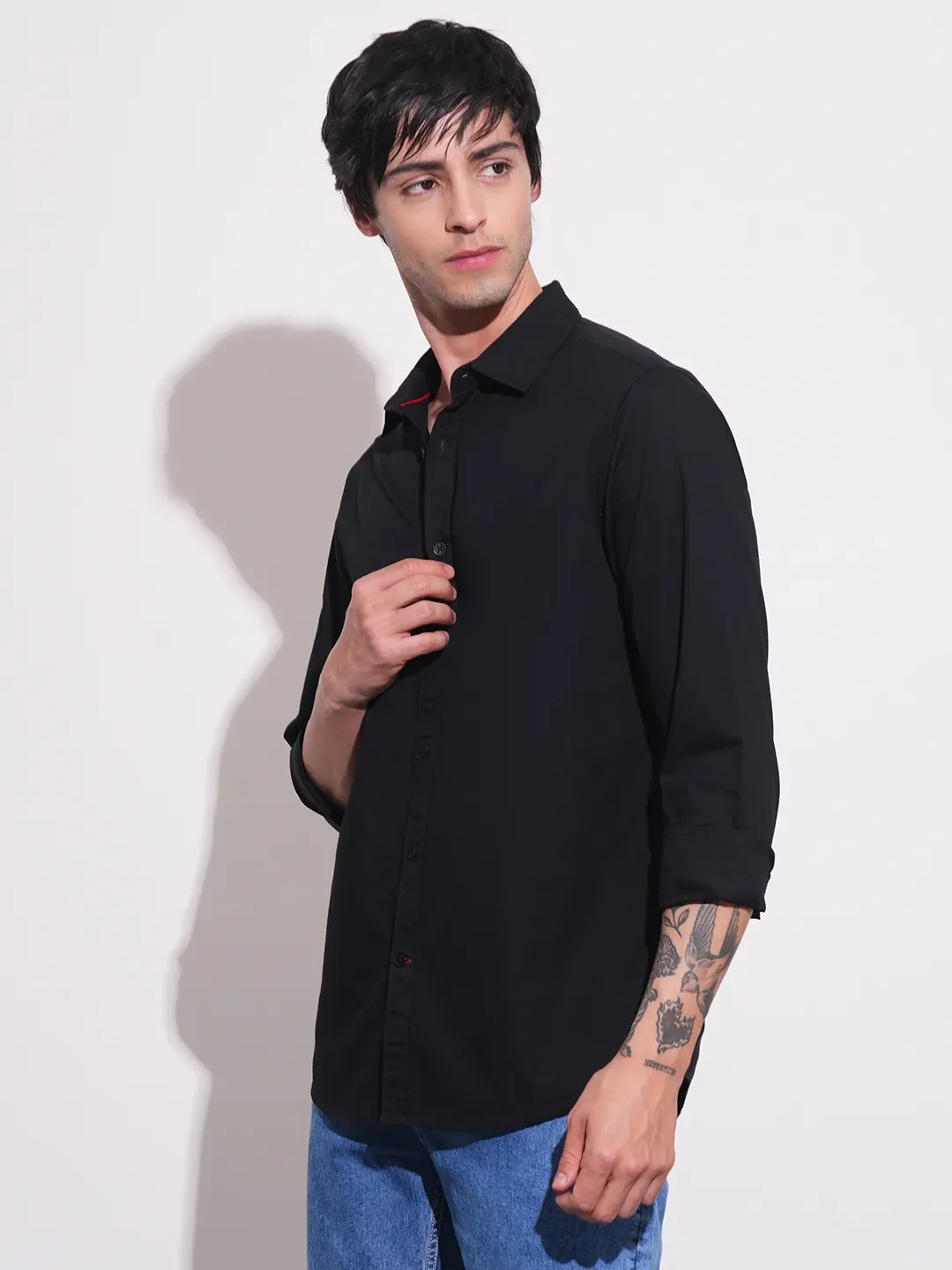 Black Slim Straight Fit Regular Collar Long Sleeves Men's Shirt by Being Human Clothing - Image 2