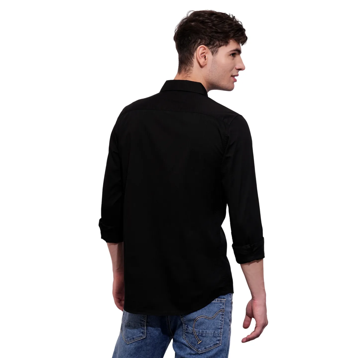 Black Slim Straight Fit Regular Collar Long Sleeves Men's Shirt by Being Human Clothing - Image 4