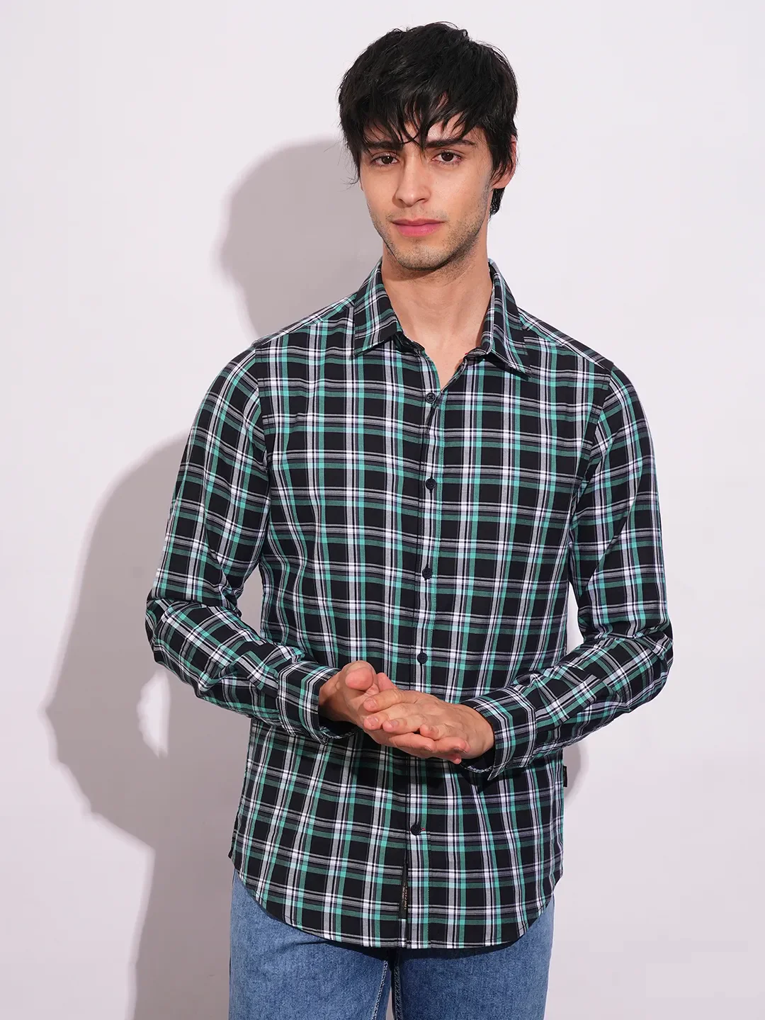Black Slim Fit Regular Collar Men's Shirt by Being Human Clothing