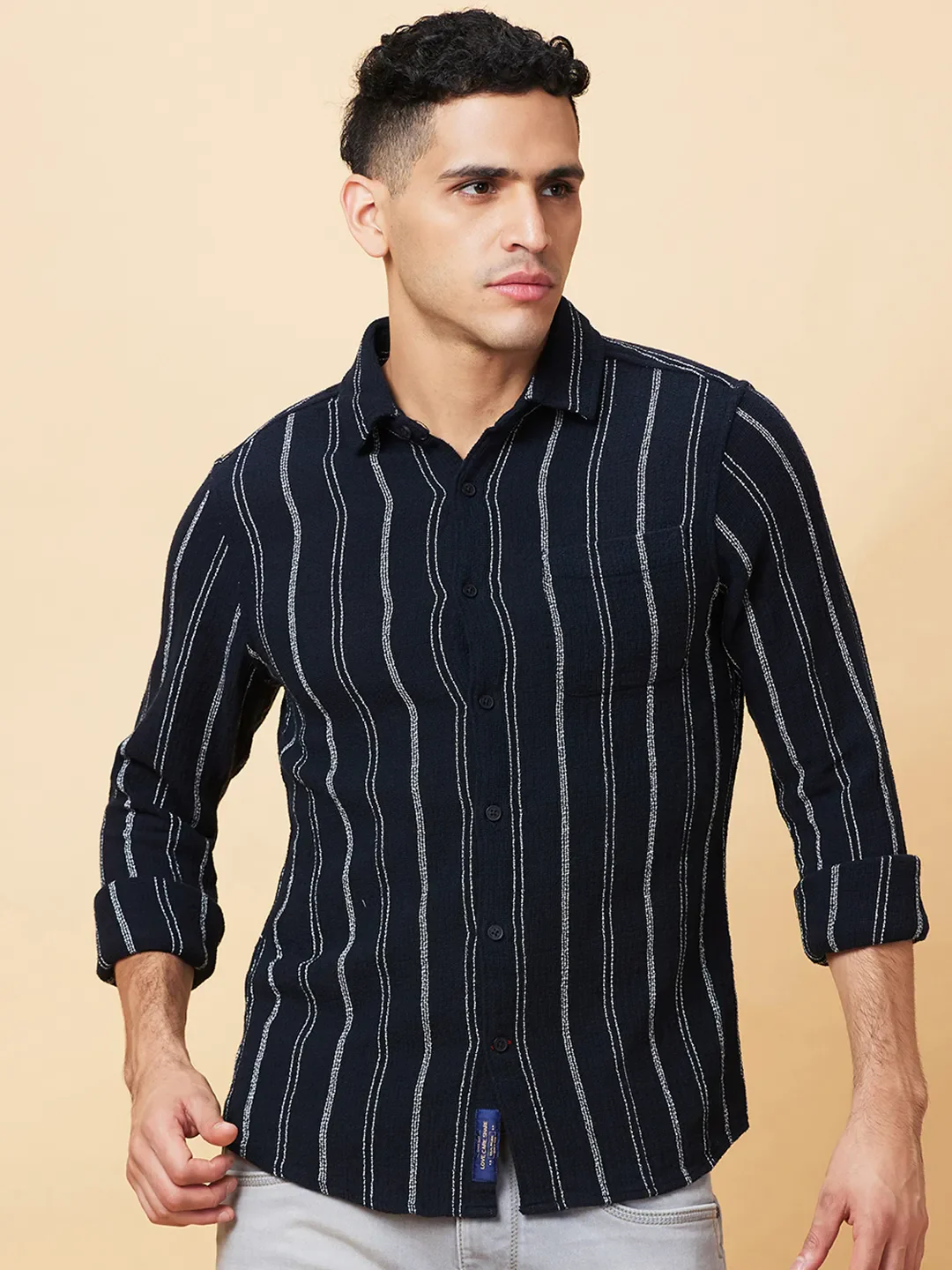 Black Slim Fit Regular Collar Men's Shirt by Being Human Clothing