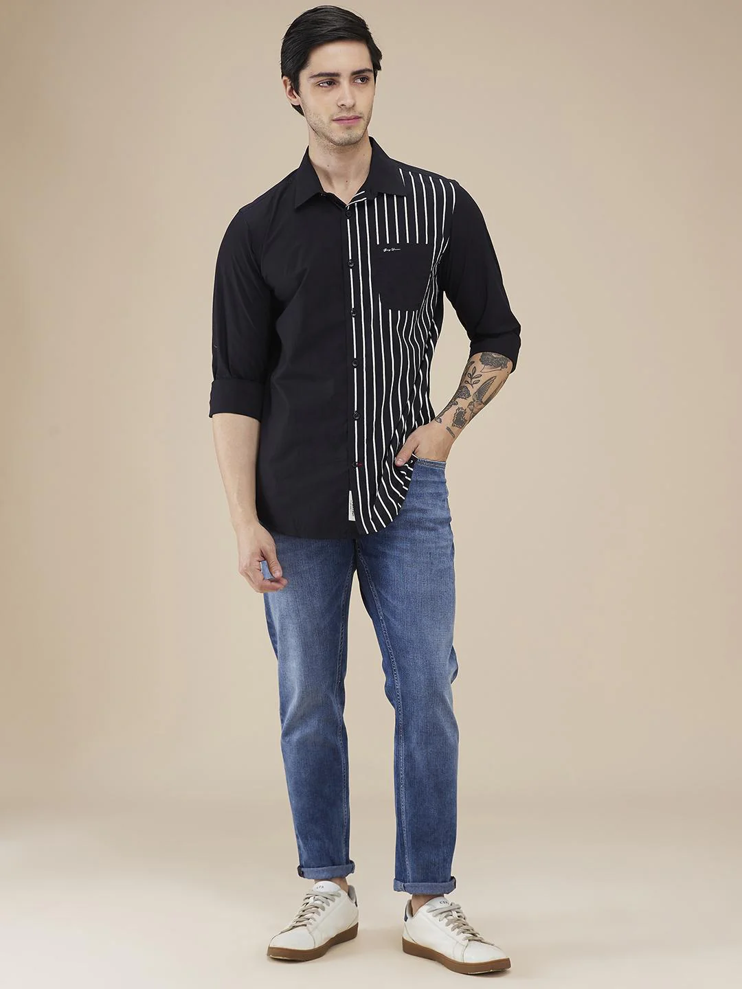 Black Regular Fit Regular Collar Men's Shirt by Being Human Clothing