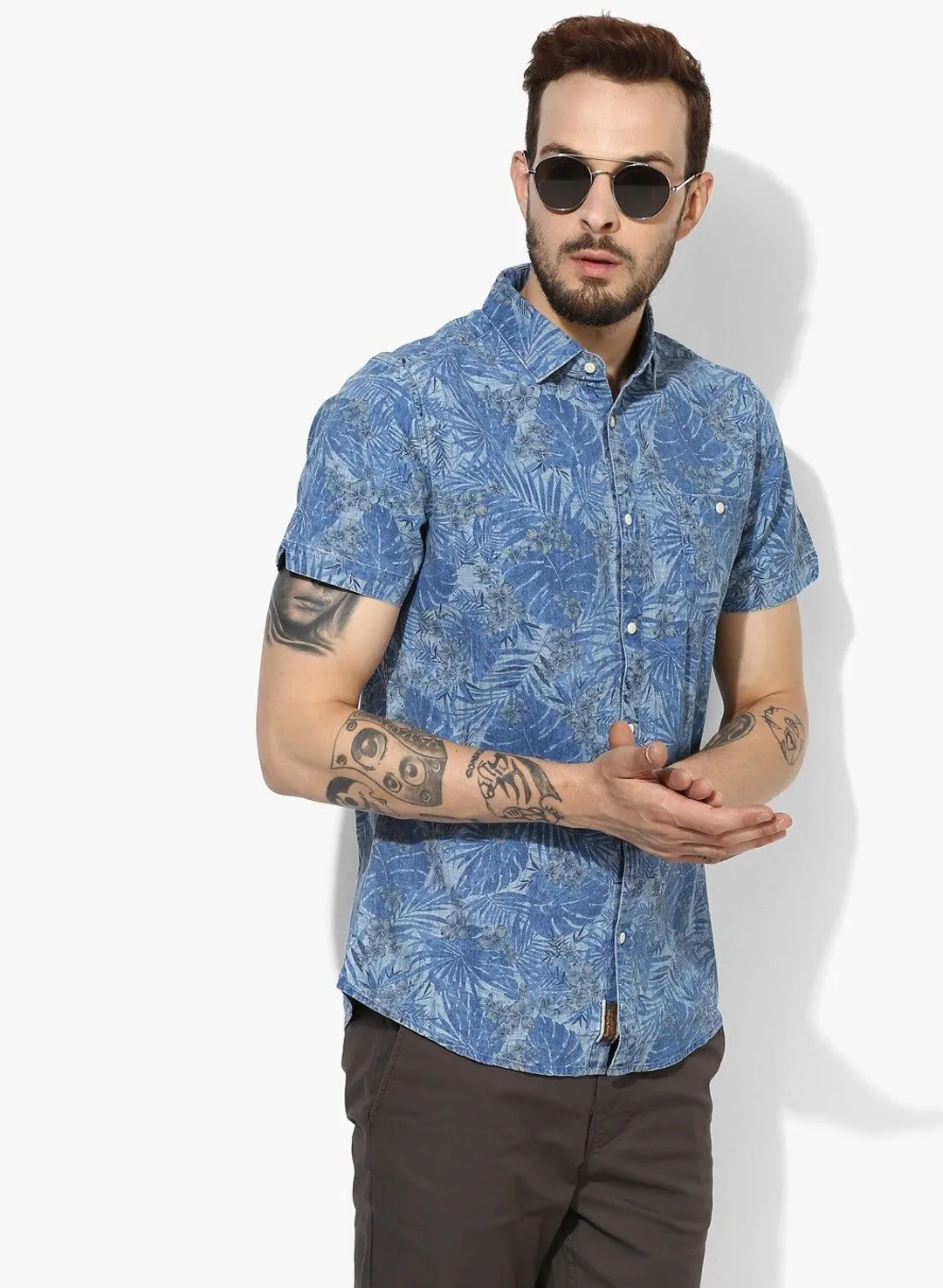Blue Slim Straight Fit Regular Collar Short Sleeves Men's Shirt by Being Human Clothing