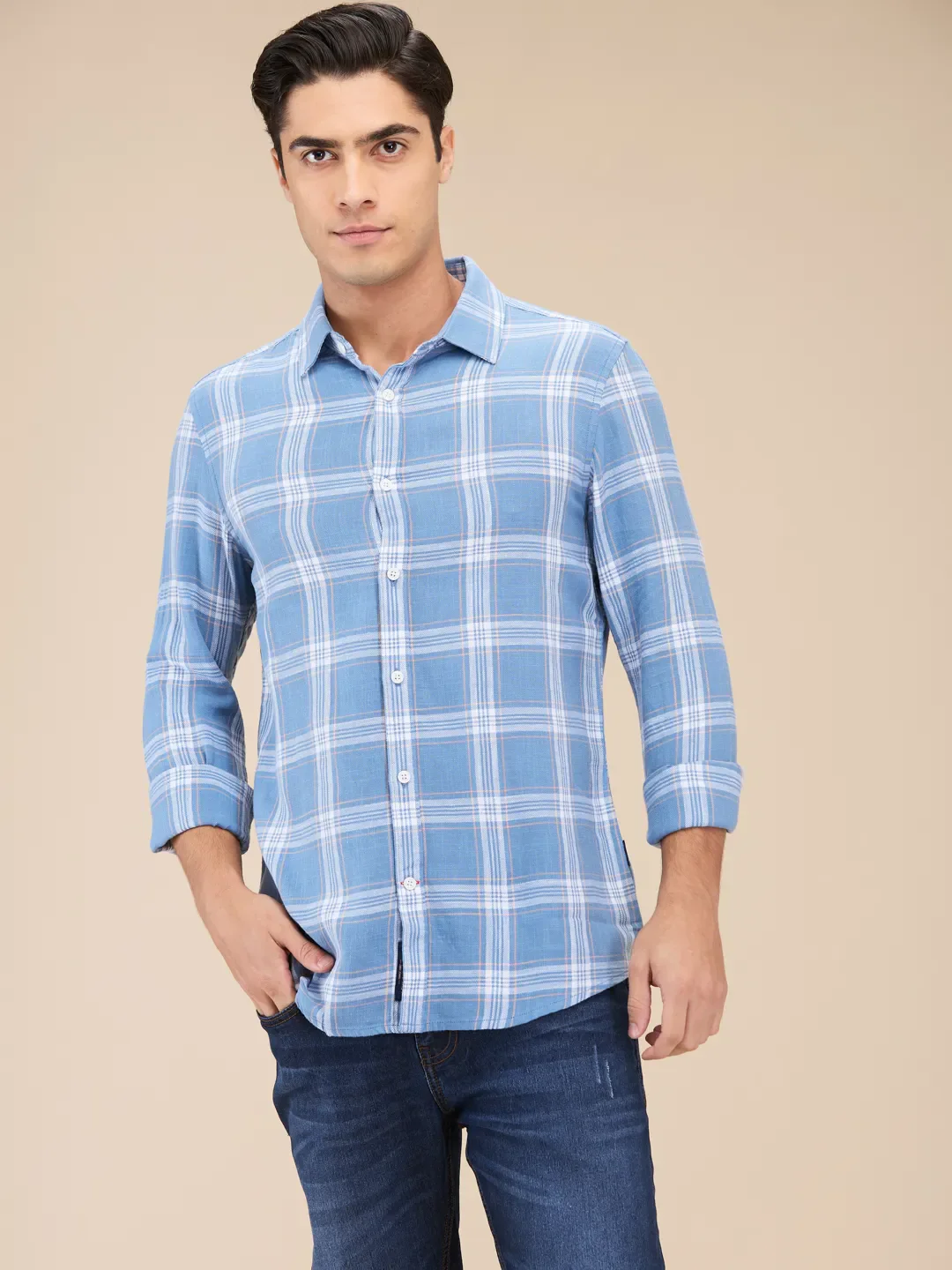 Blue Slim Straight Fit Regular Collar Long Sleeves Men's Shirt by Being Human Clothing