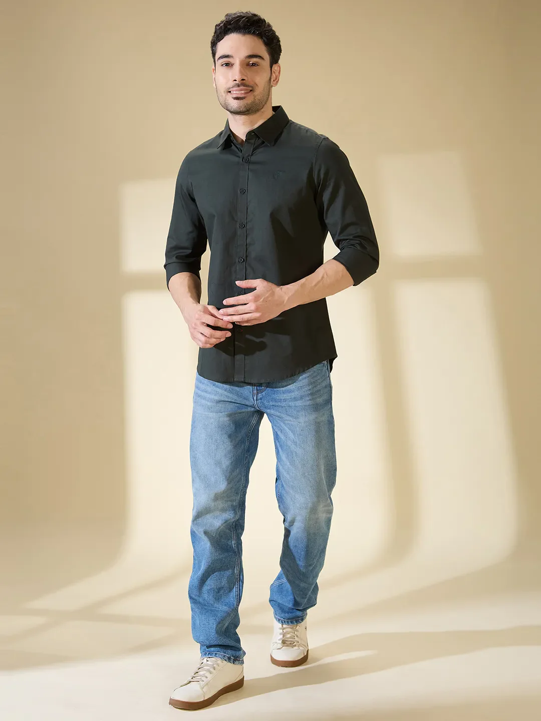 Green Slim Straight Fit Regular Collar Long Sleeves Men's Shirt by Being Human Clothing - Image 2