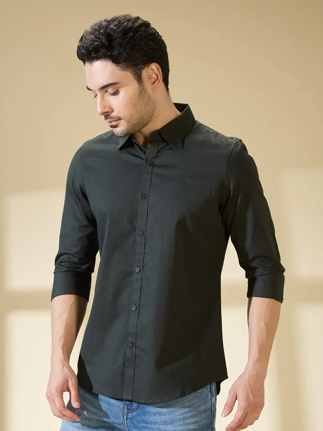 Green Slim Straight Fit Regular Collar Long Sleeves Men's Shirt by Being Human Clothing - Image 4