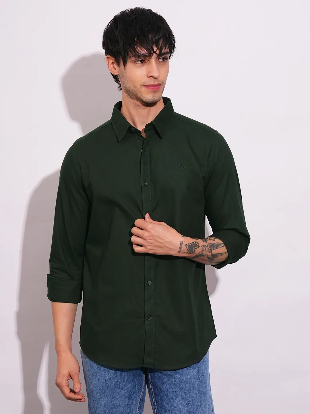 Green Slim Straight Fit Regular Collar Long Sleeves Men's Shirt by Being Human Clothing